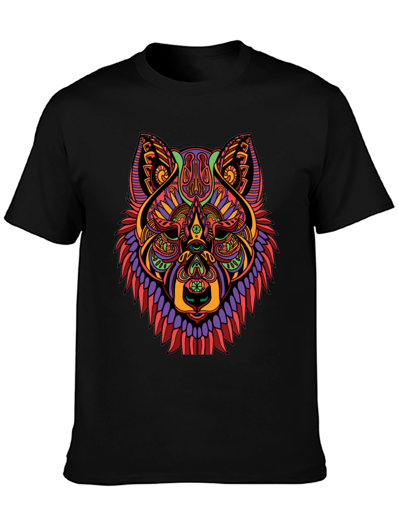 Black Psychedelic Wolf Graphic Print Black T-Shirt view 3