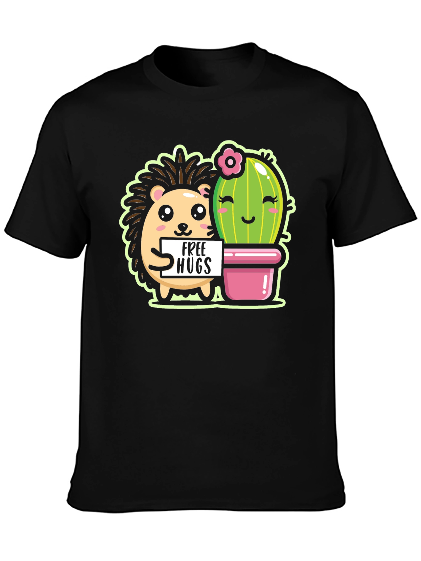 Black Cute Hedgehog & Cactus Free Hugs Black T-Shirt view 3