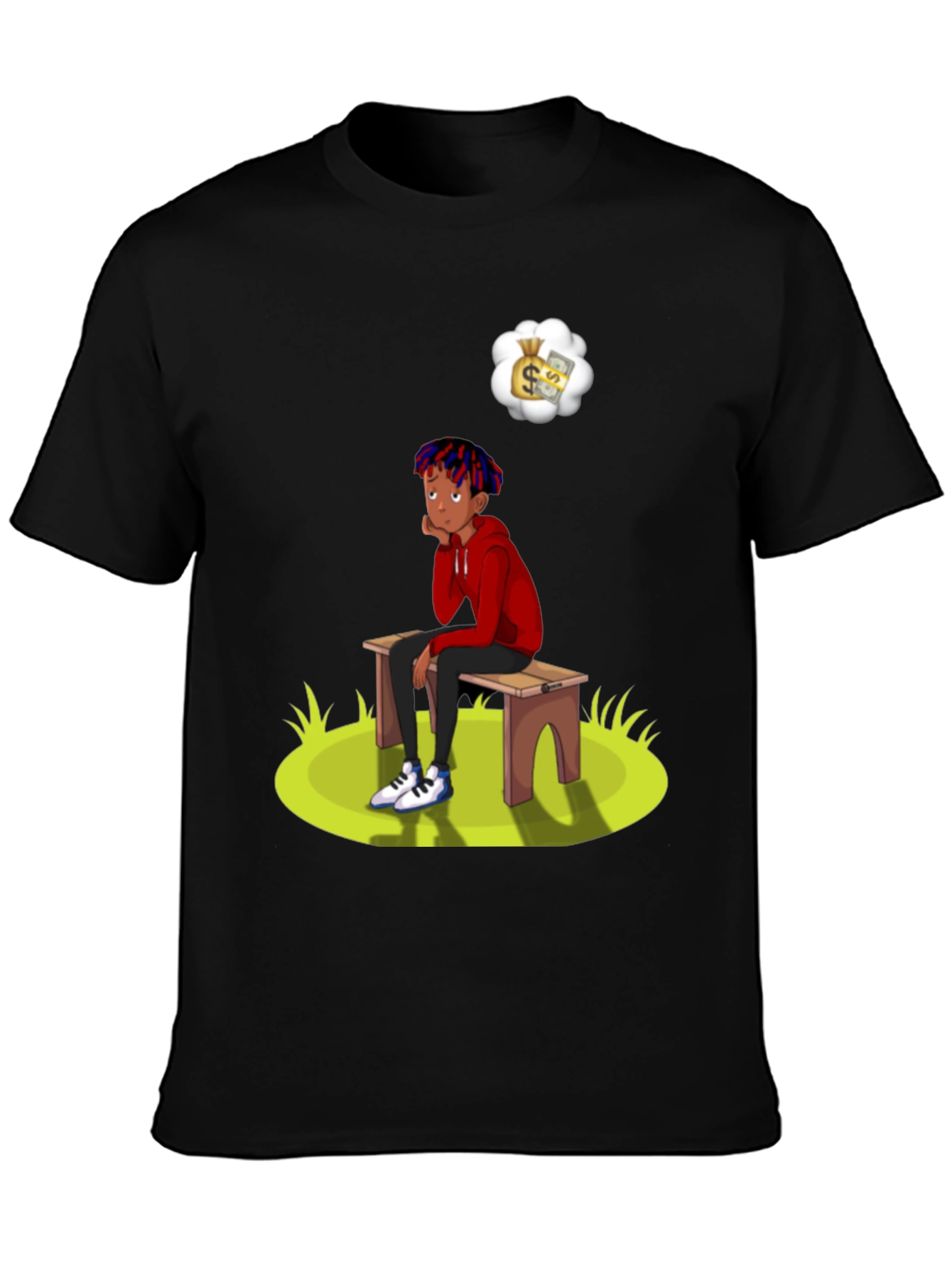 Black Cartoon Graphic Tee -  Boy on Bench Dreaming of Money view 3
