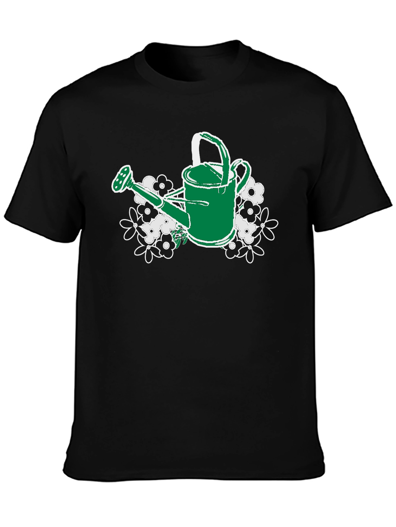 Black Gardening Watering Can T-Shirt - Floral Design view 3