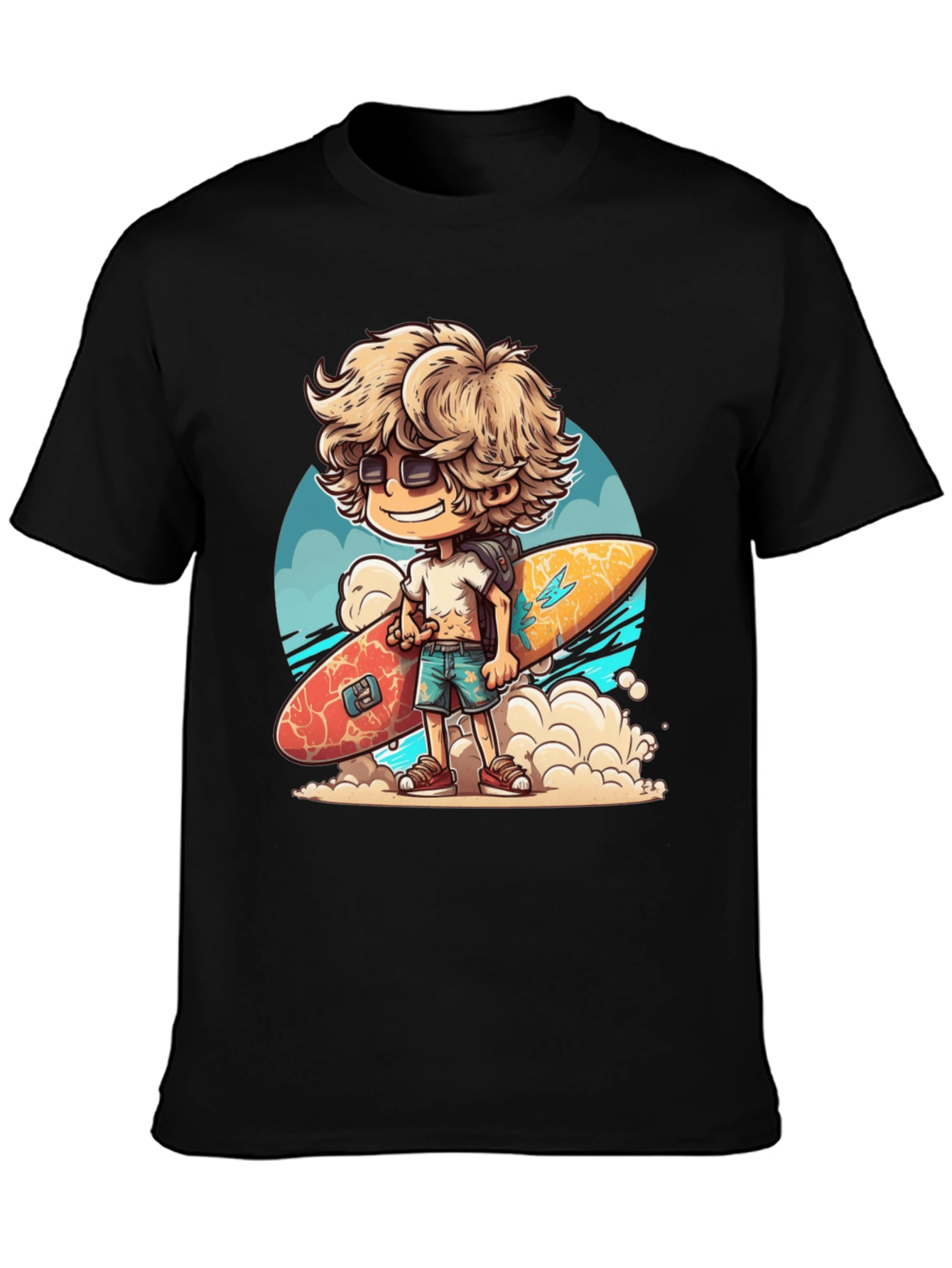 Black Surfer Dude Cartoon Graphic T-Shirt view 3