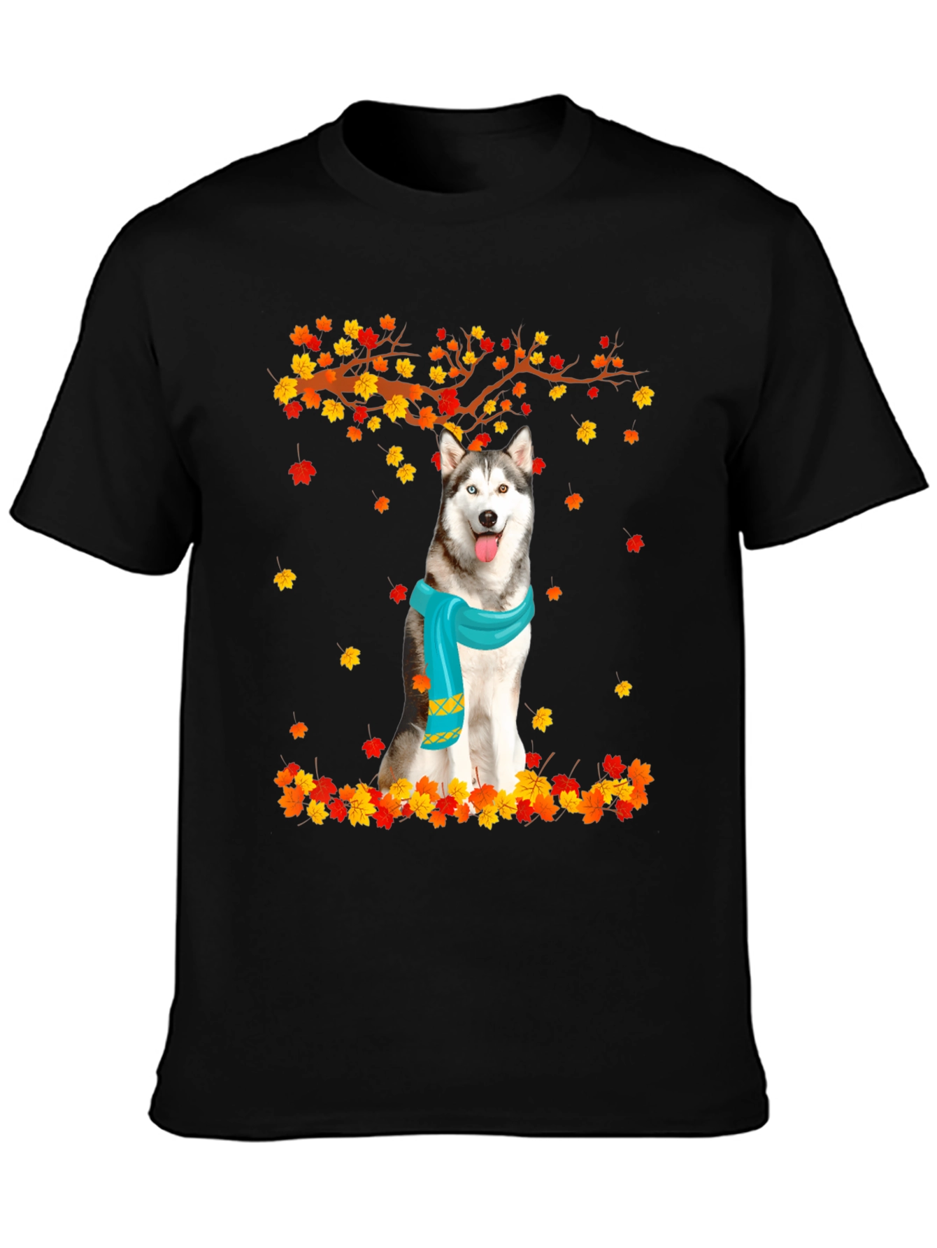 Black Husky Autumn Leaves Graphic T-Shirt view 3