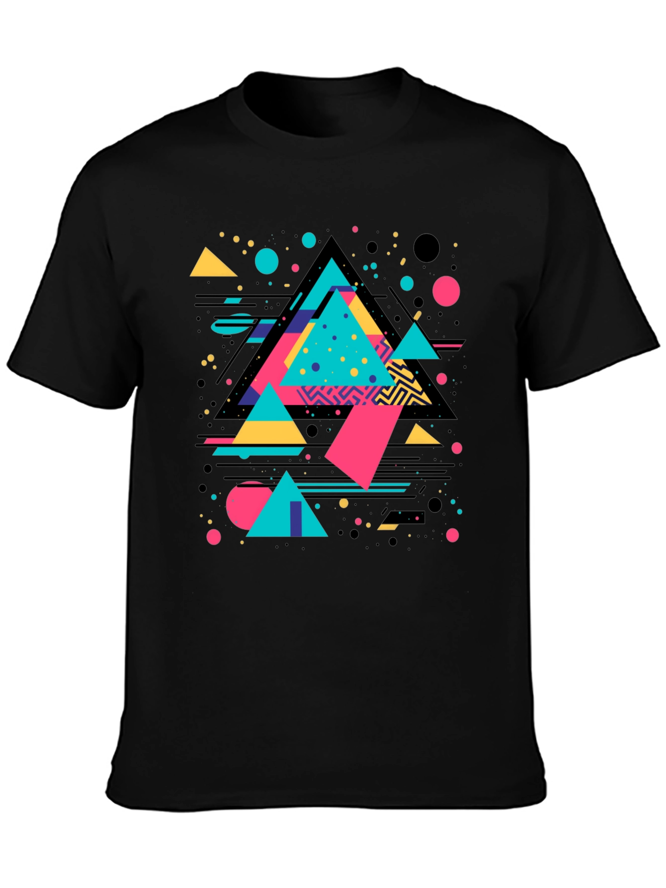 Black Retro Geometric Triangle Graphic Black T-Shirt view 3