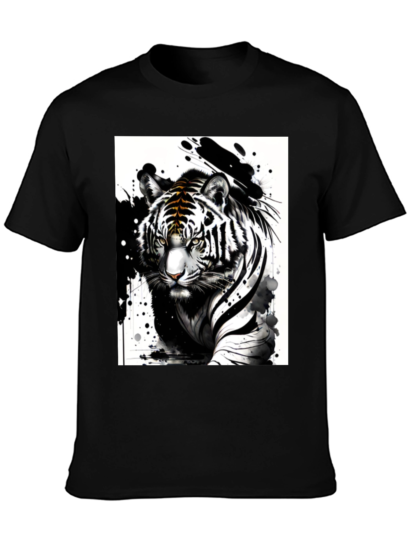 Black Tiger Ink Art Graphic Tee - Black Cotton Blend T-Shirt view 3