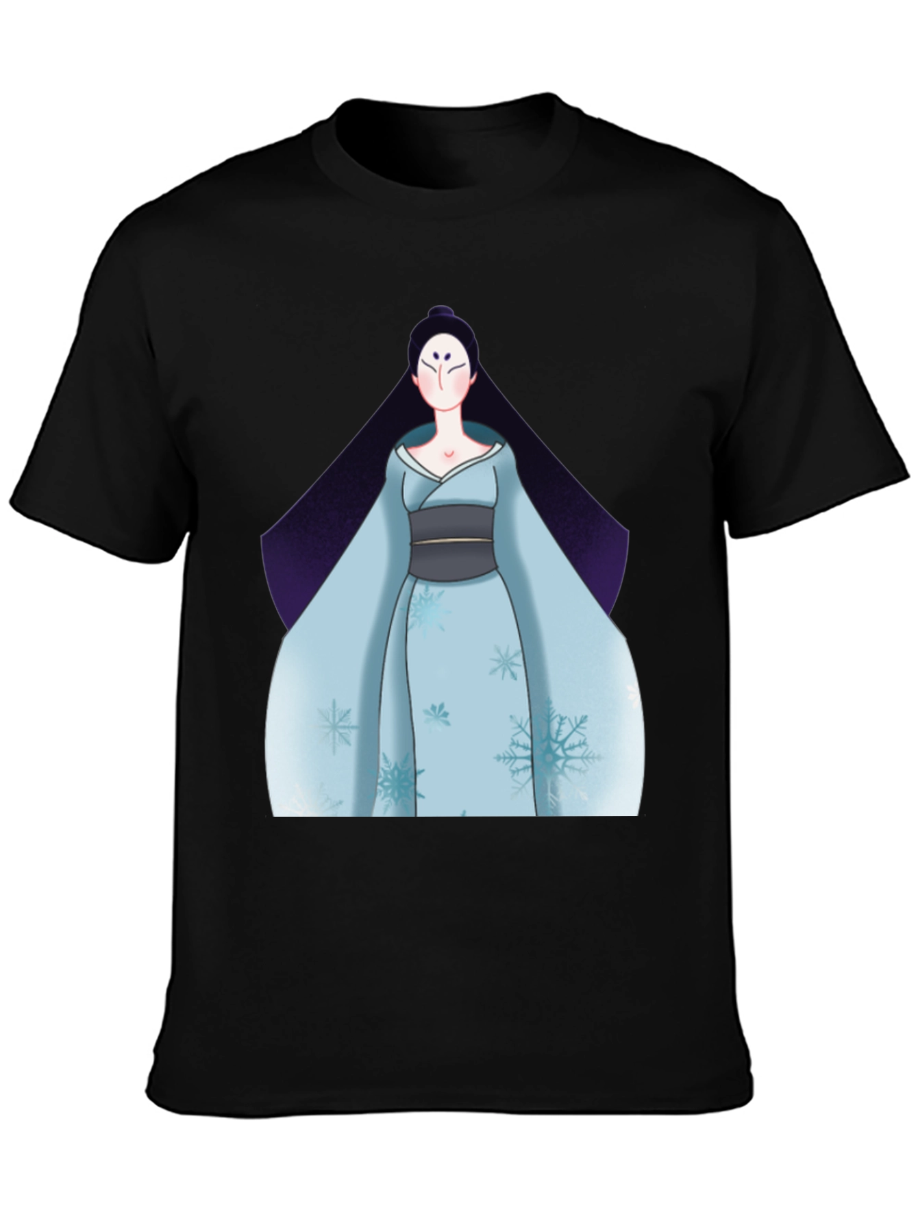 Black Black T-Shirt with Anime Winter Kimono Design view 3
