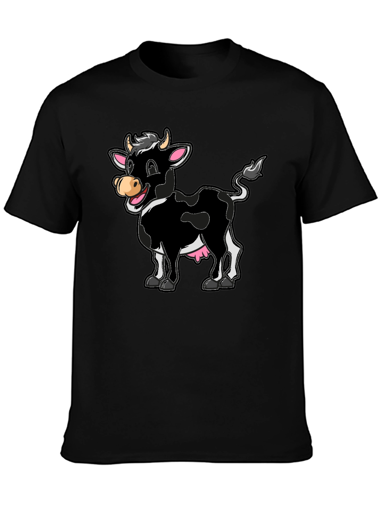 Black Funny Cartoon Cow Graphic Print T-Shirt view 3