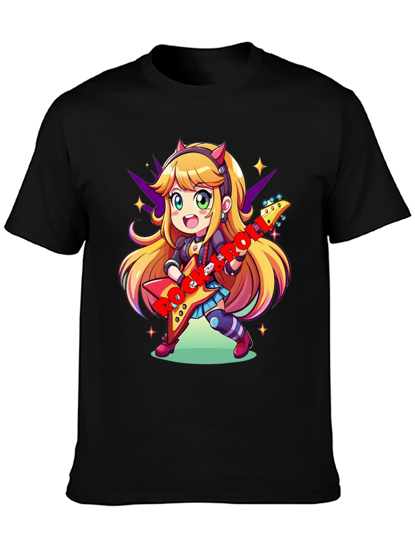 Black Anime Girl Guitarist Black T-Shirt view 3