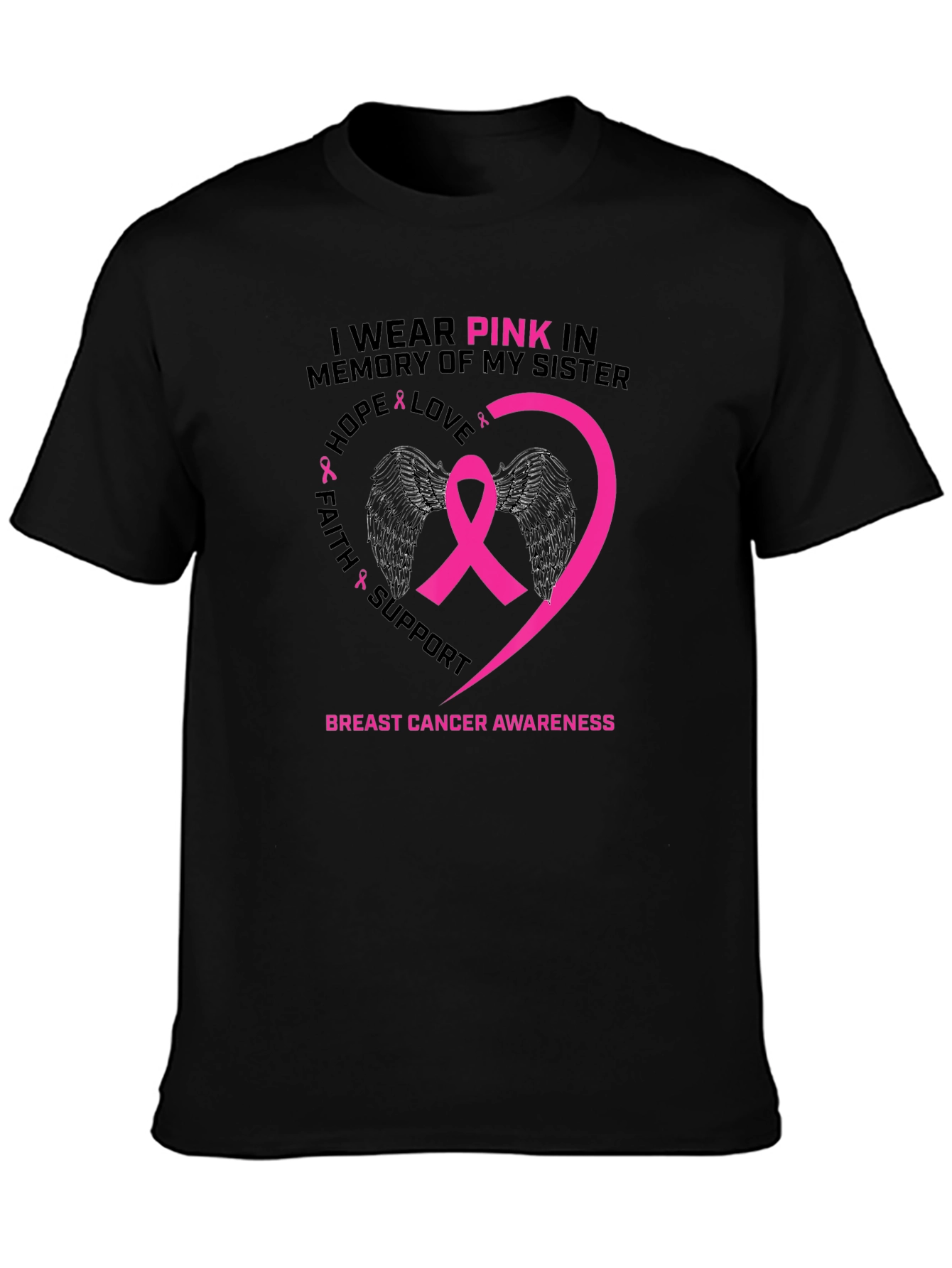 Black Pink Ribbon Breast Cancer Awareness T-Shirt view 3