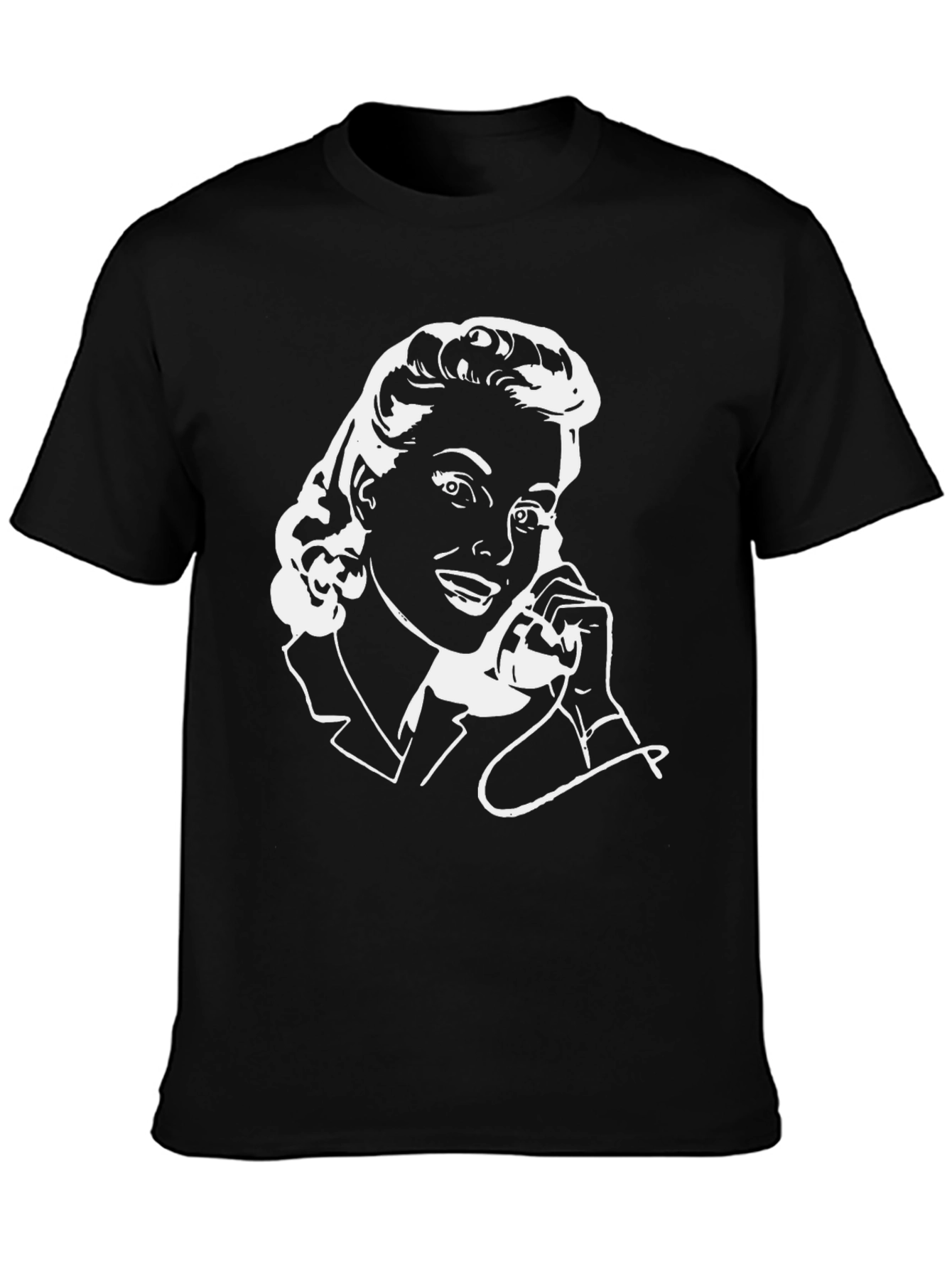 Black Retro Woman On Phone Black T-Shirt view 3