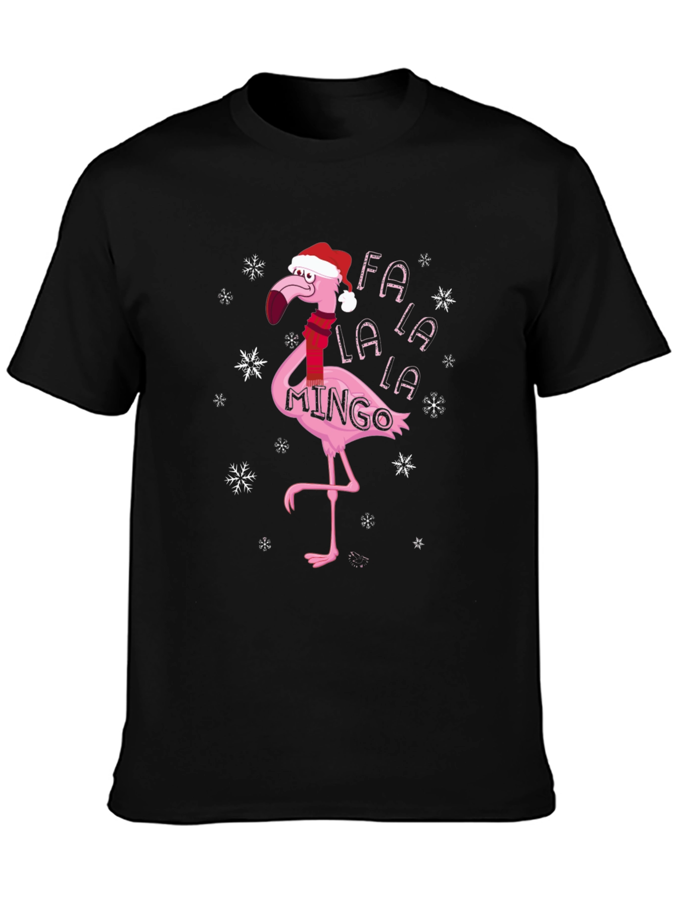 Black Festive Flamingo Christmas T-Shirt - Fa La La La Mingo view 3
