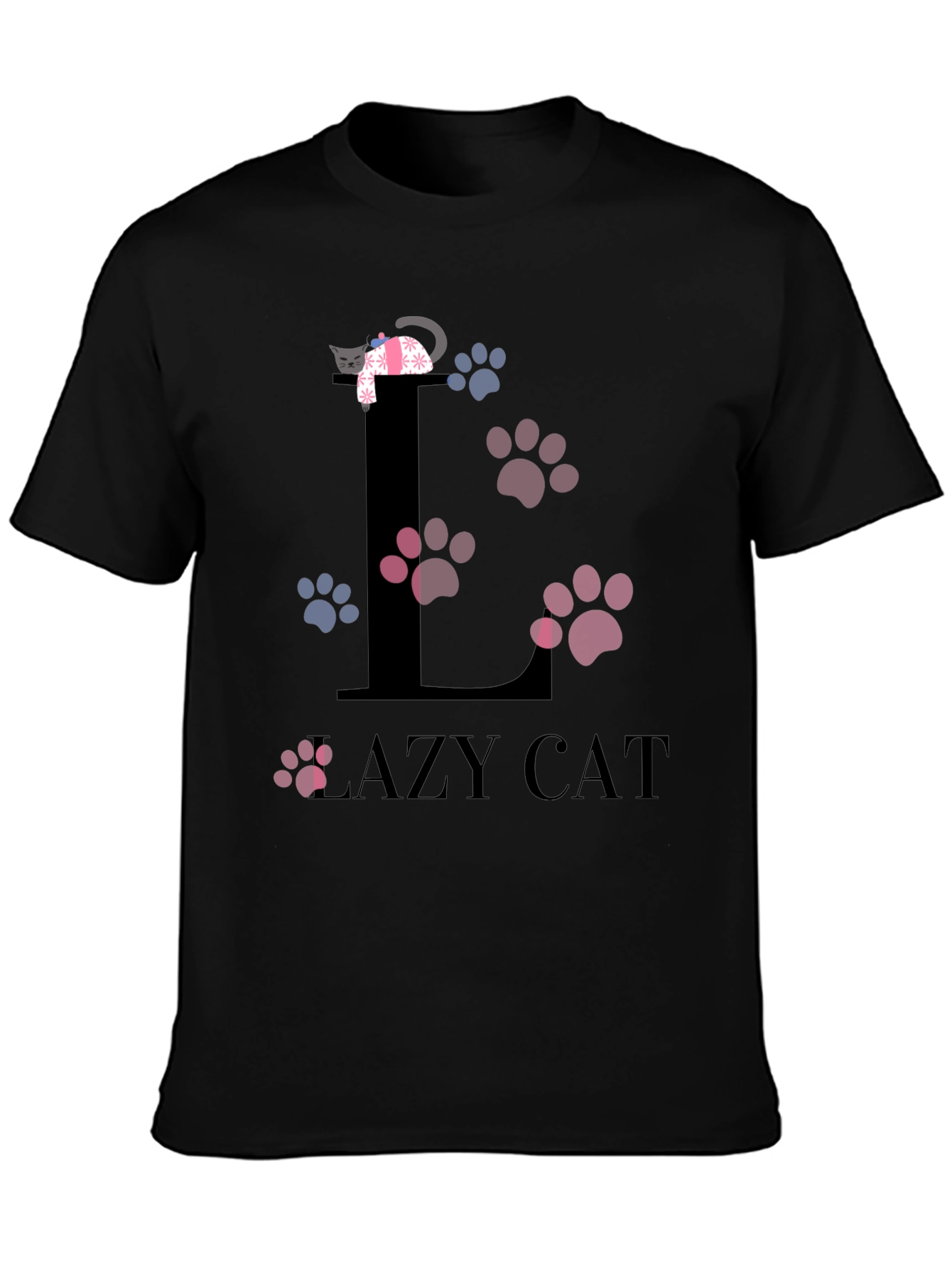 Black Lazy Cat Graphic T-Shirt - Unisex Cotton Tee view 3