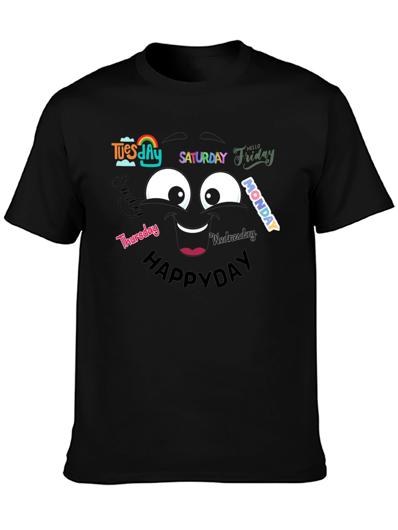 Black Happy Days of the Week T-Shirt - Black Cotton Tee view 3