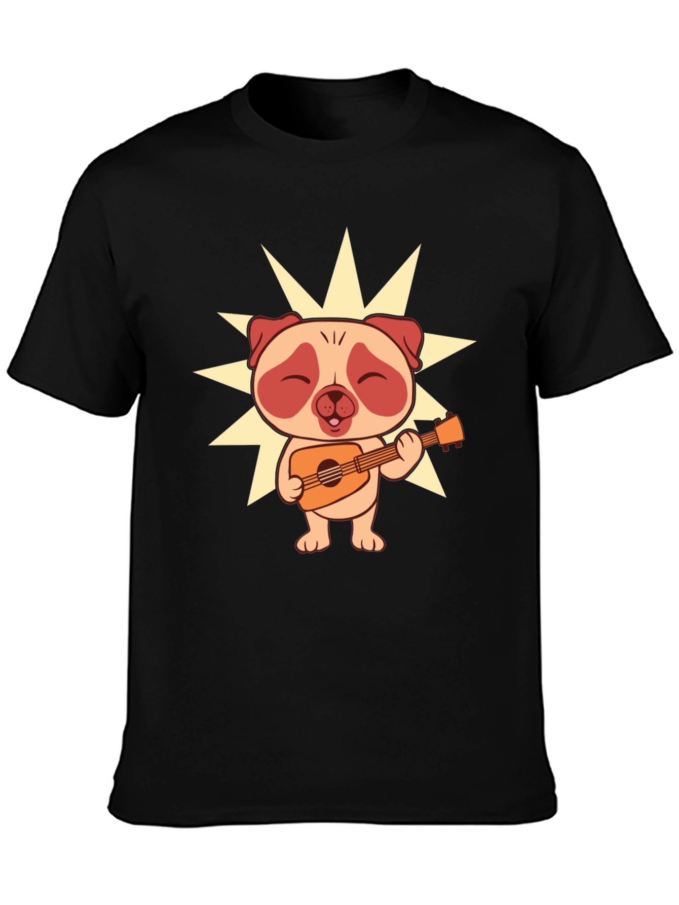 Black Cute Pug Guitarist Black T-Shirt view 3