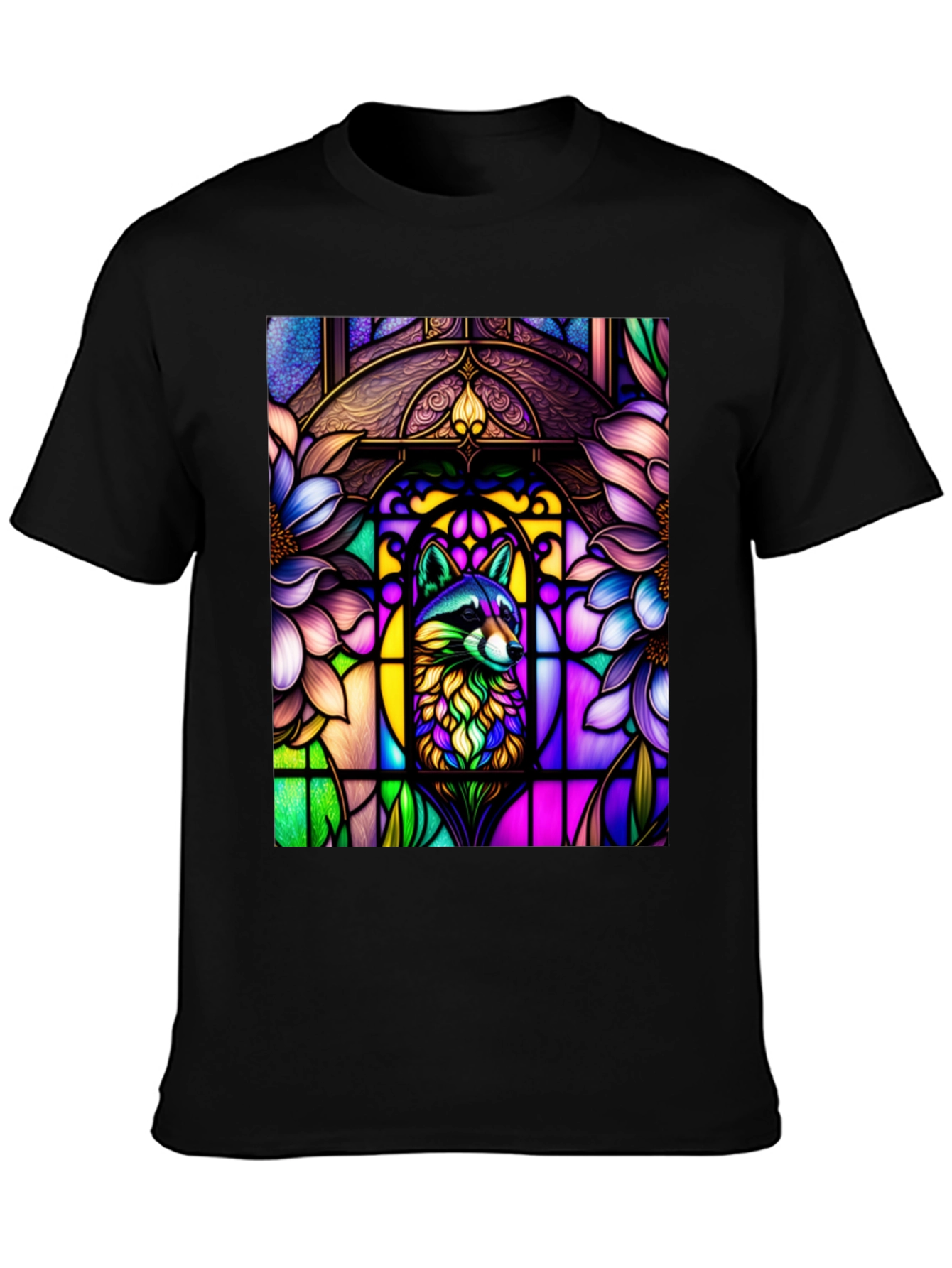 Black Stained Glass Raccoon Black T-Shirt view 3