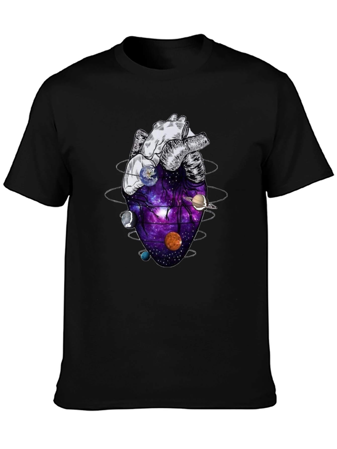 Black Anatomical Heart Planets Universe Men's T-Shirt view 3