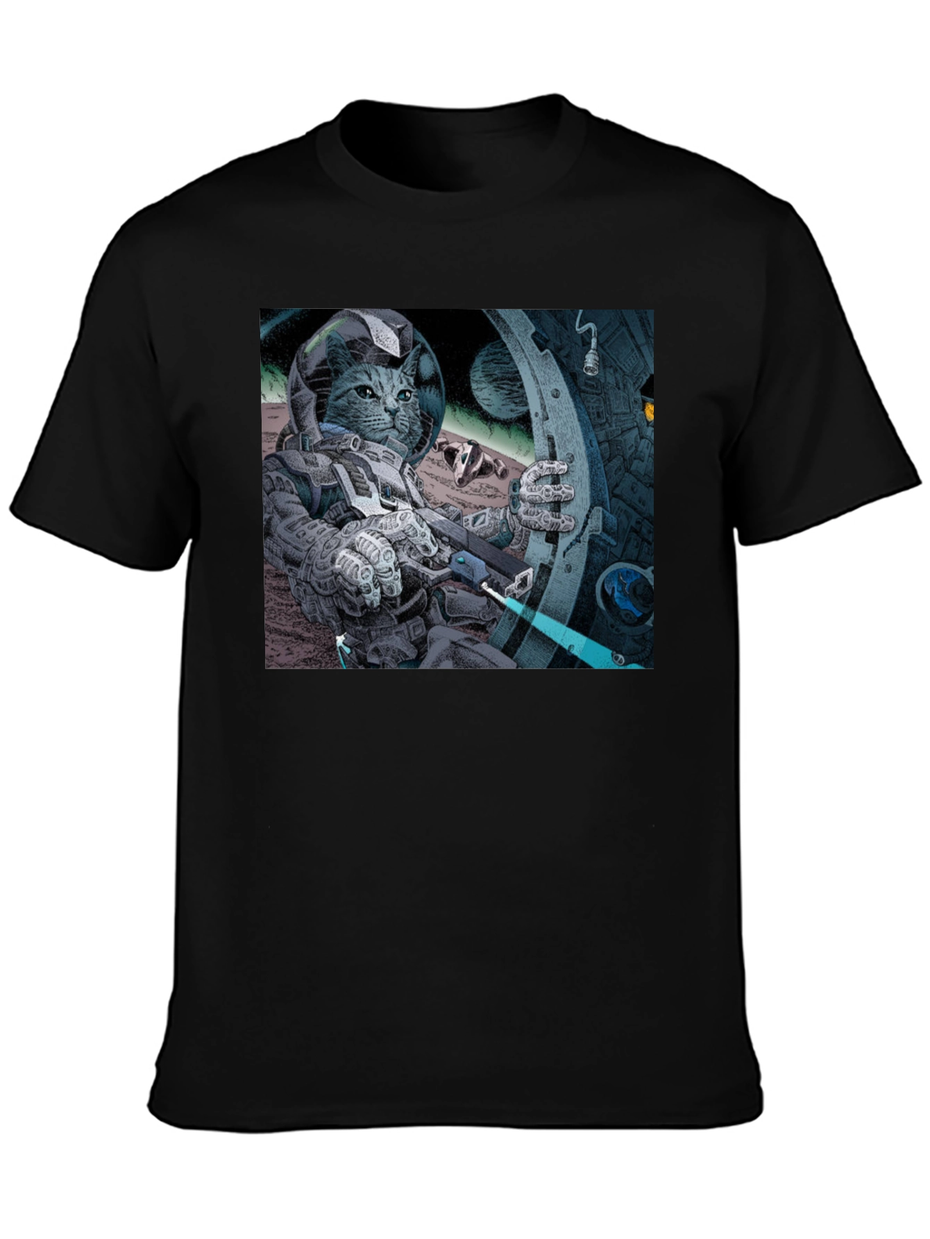 Black Cosmic Cat Astronaut T-Shirt - Cool Graphic Tee view 3