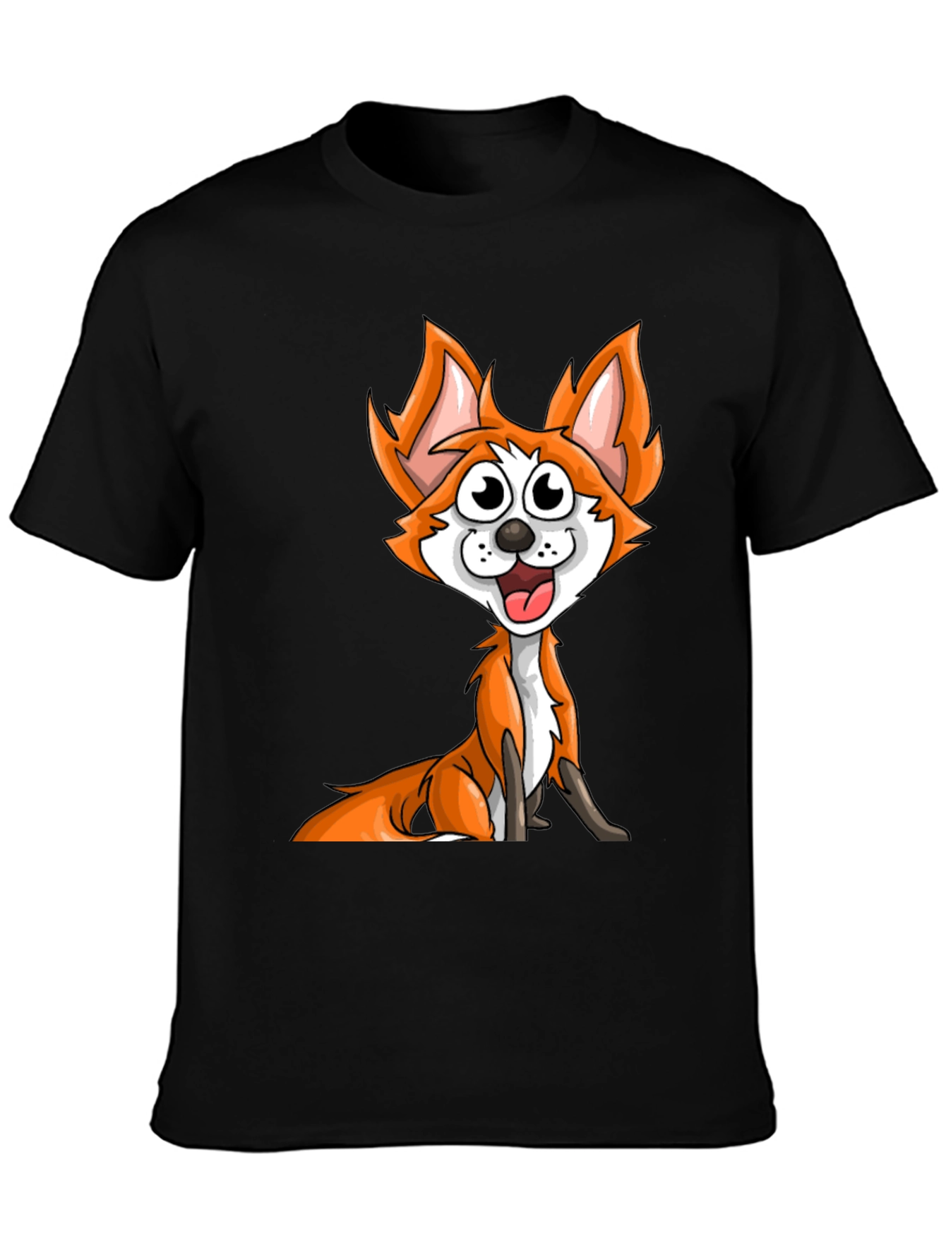 Black Cartoon Fox Graphic Tee - Black Crew Neck T-Shirt view 3