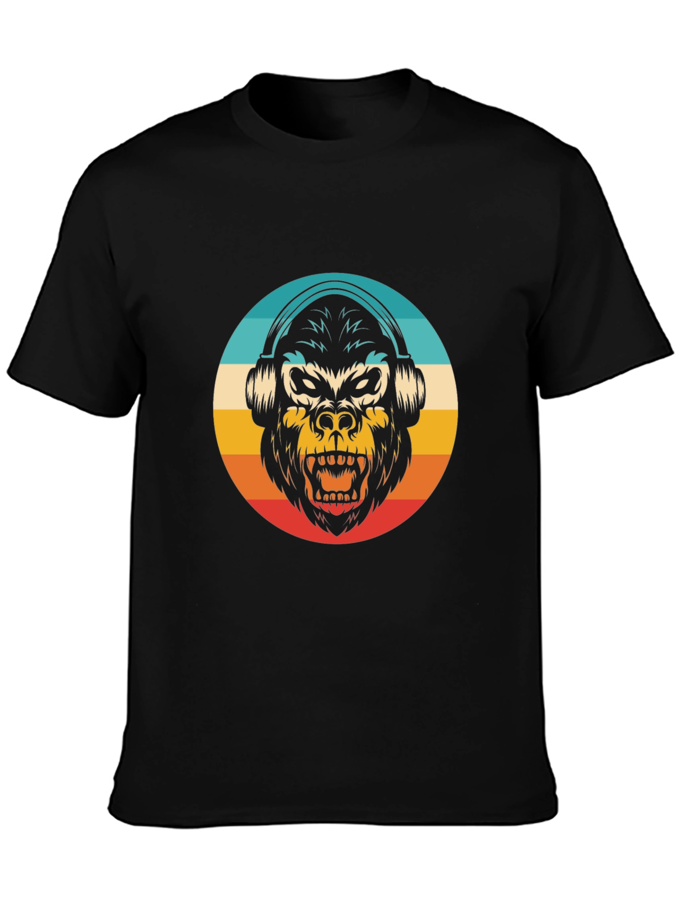 Black Retro Gorilla Headphone T-Shirt view 3