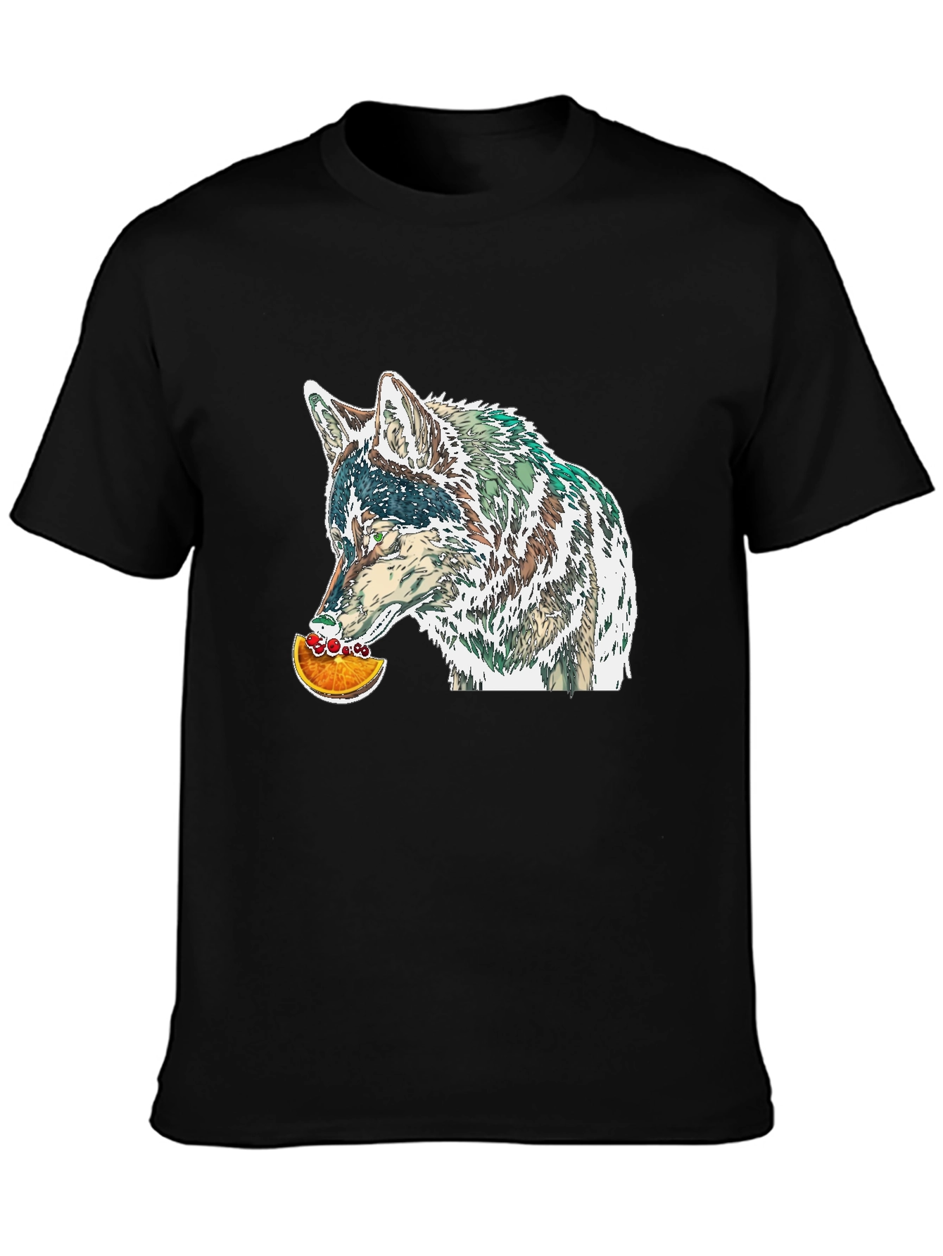 Black Wolf Eating Orange Graphic Tee - Casual Black T-Shirt view 3
