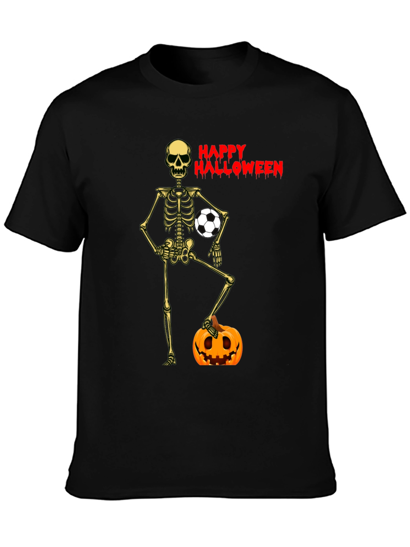 Black Happy Halloween Skeleton Soccer T-Shirt view 3