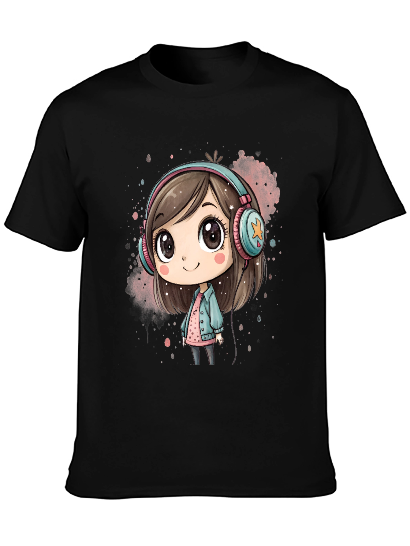 Black Cute Cartoon Girl Headphones Black T-Shirt view 3