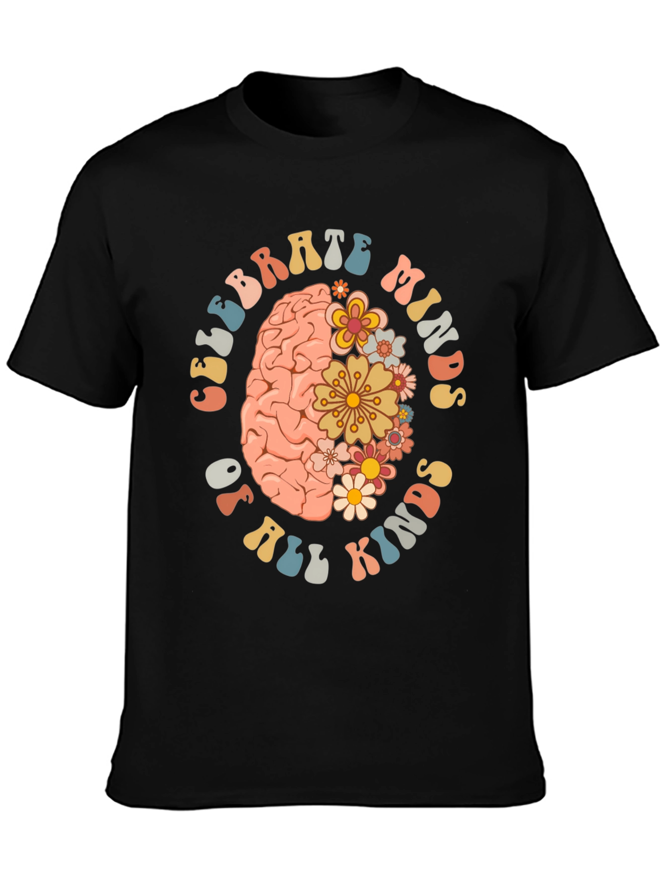 Black Celebrate Minds T-Shirt - Floral Brain Design view 3
