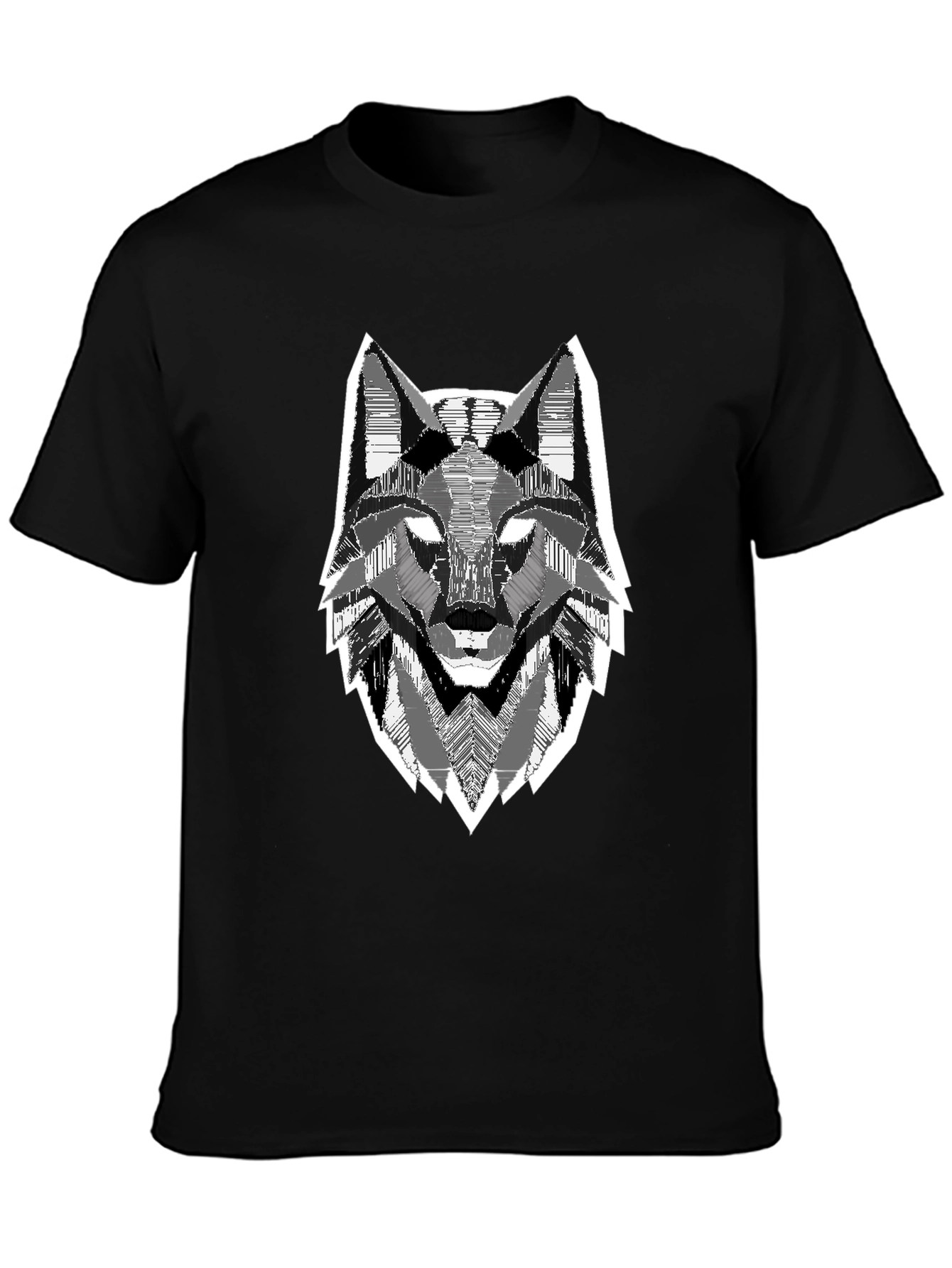 Black Geometric Wolf Head Graphic Print Black T-Shirt view 3