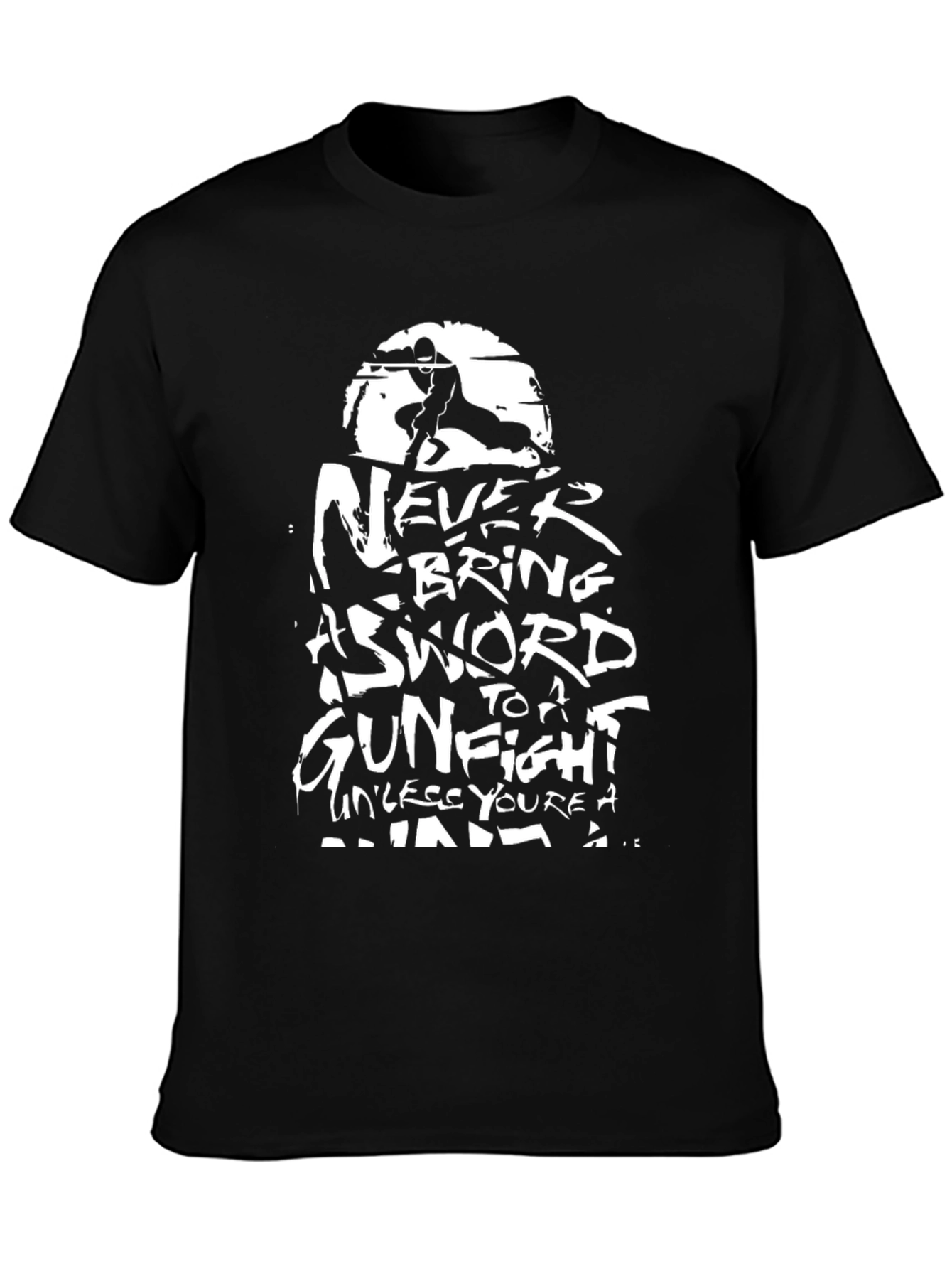 Black Ninja Sword Gunfight Men's Black T-Shirt view 3