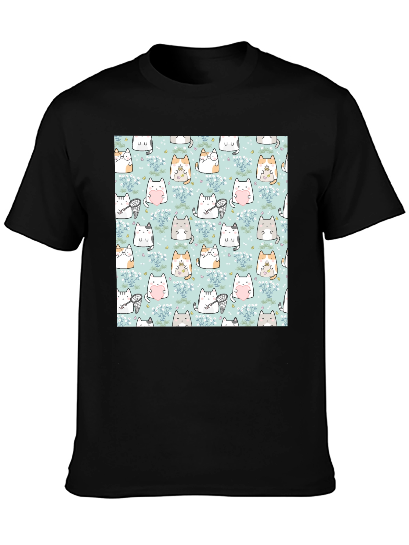 Black Cute Cat Pattern T-Shirt | Black view 3