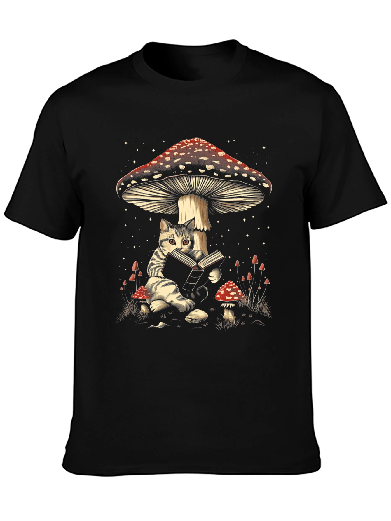 Black Cat Reading Under Mushroom T-Shirt view 3