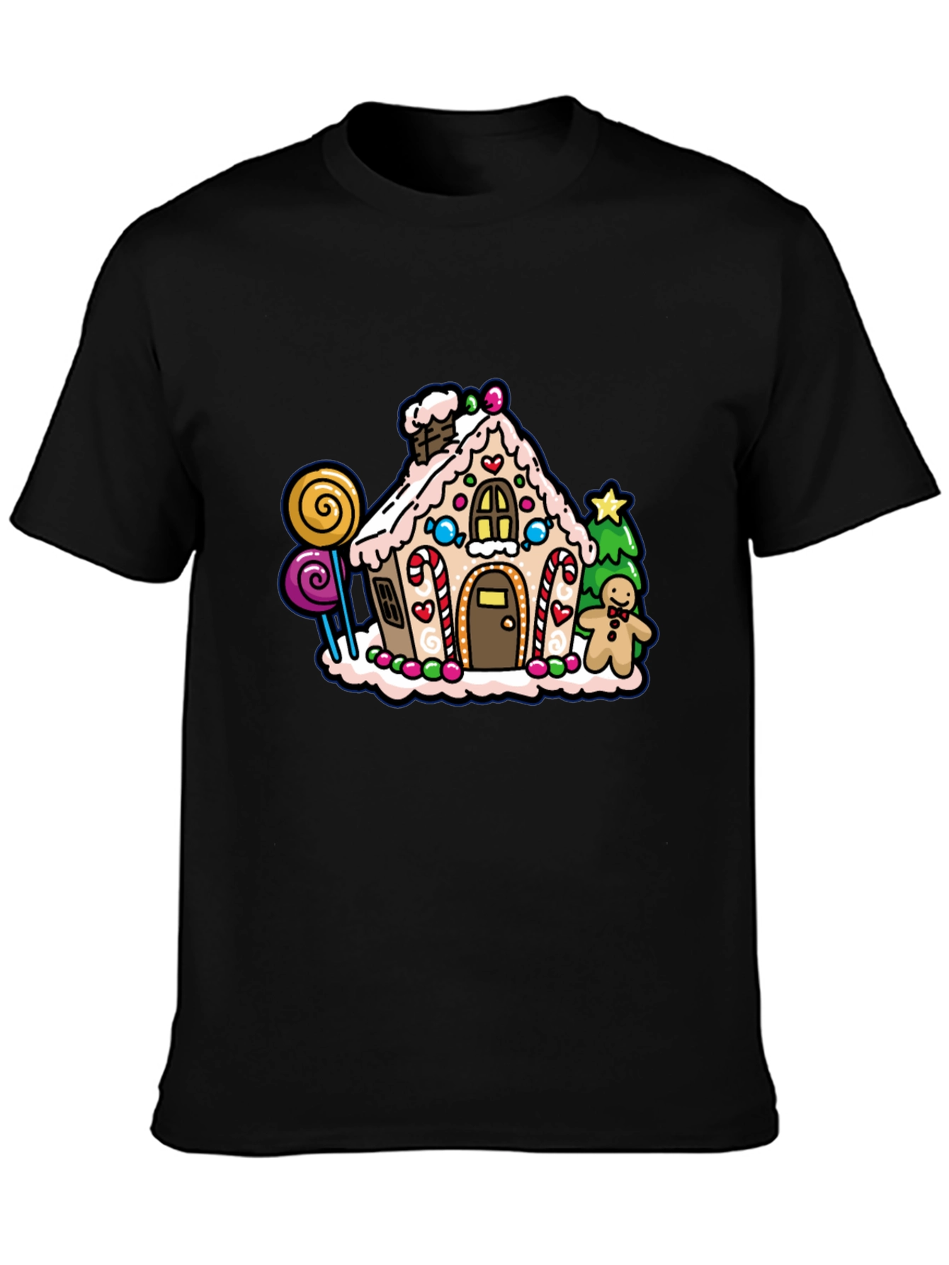 Black Gingerbread House Graphic Tee - Festive Holiday Shirt view 3