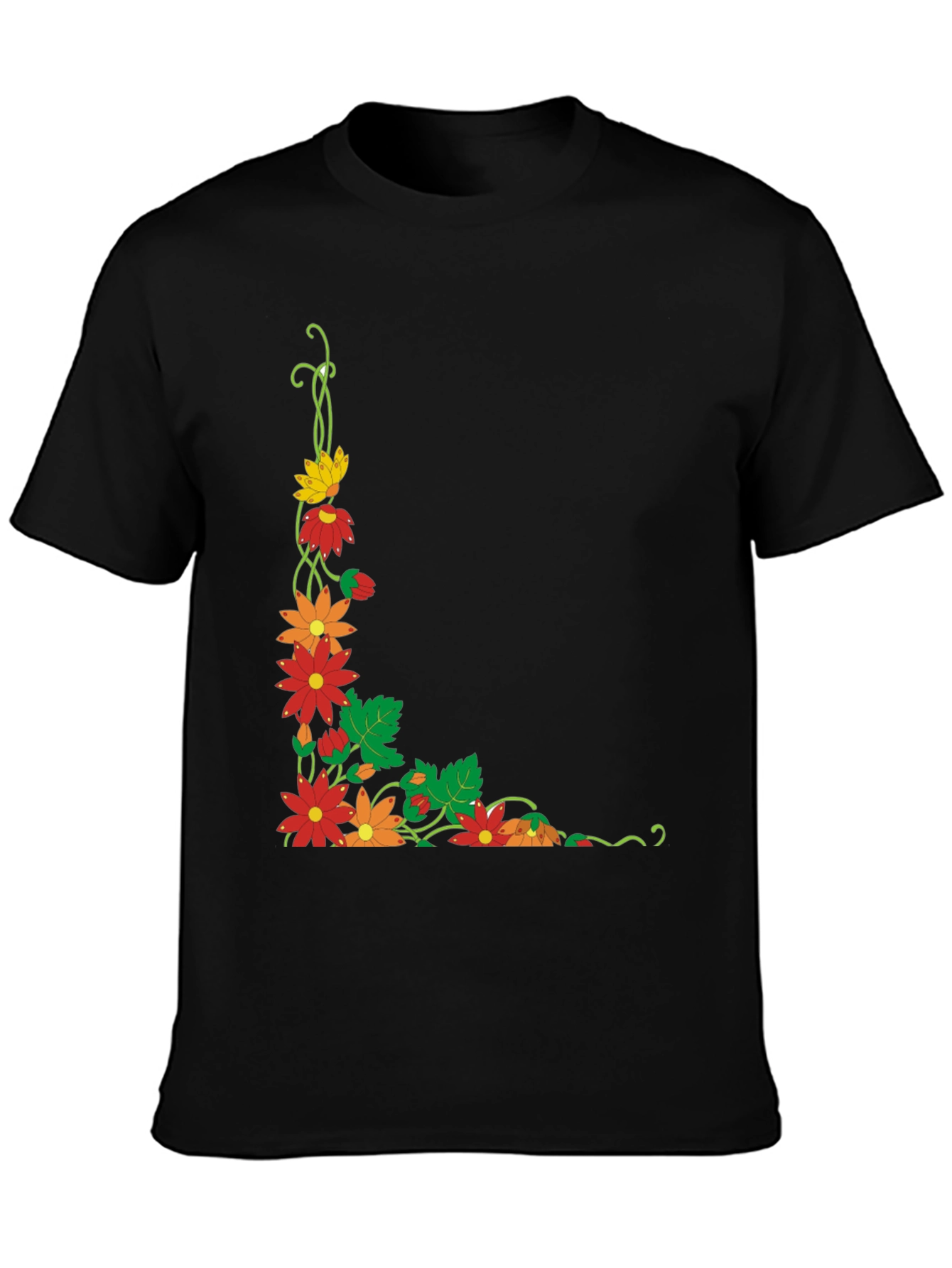 Black Floral Corner Design Black T-Shirt view 3