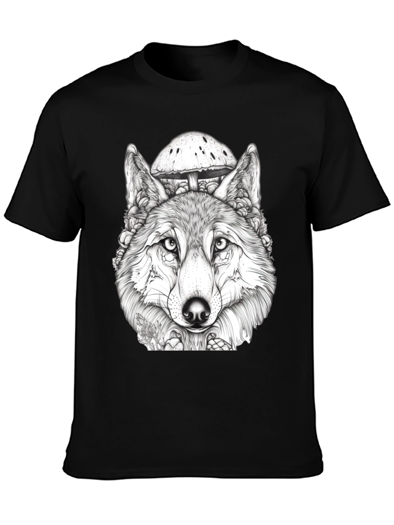 Black Wolf & Mushroom Graphic Tee - Unisex Black T-Shirt view 3