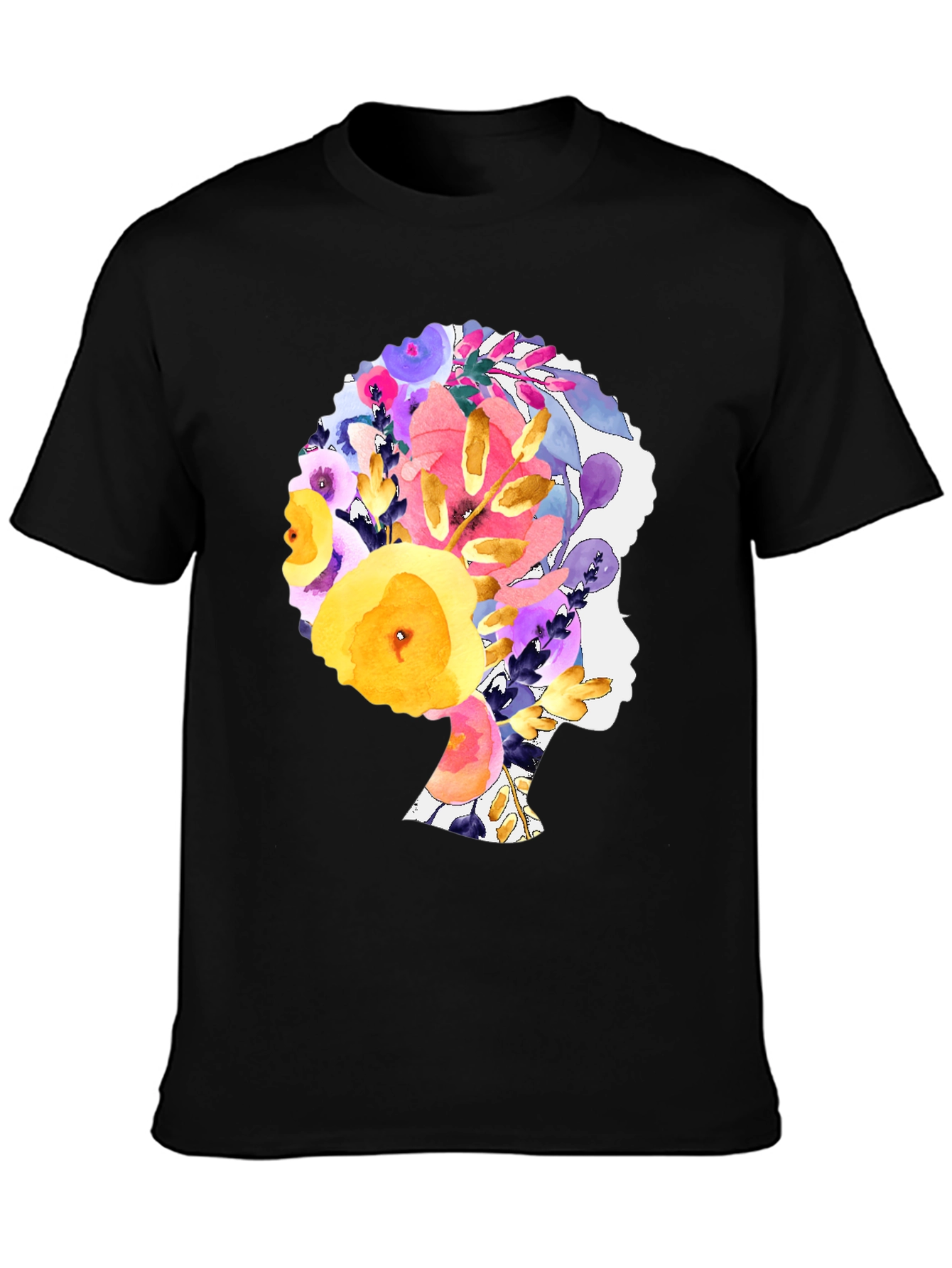 Black Floral Afro Woman Black T-Shirt view 3