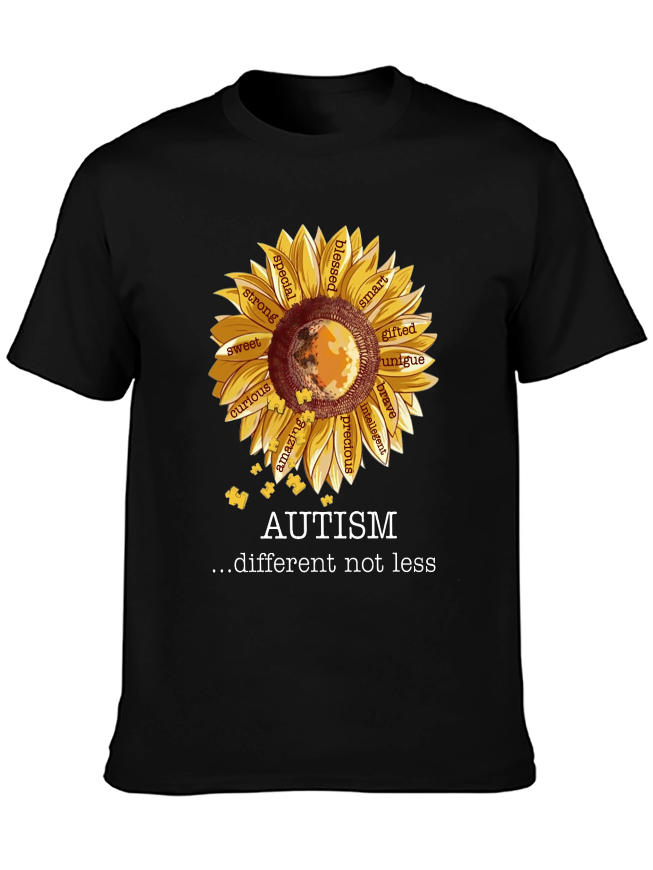 Black Autism Awareness Sunflower T-Shirt view 3