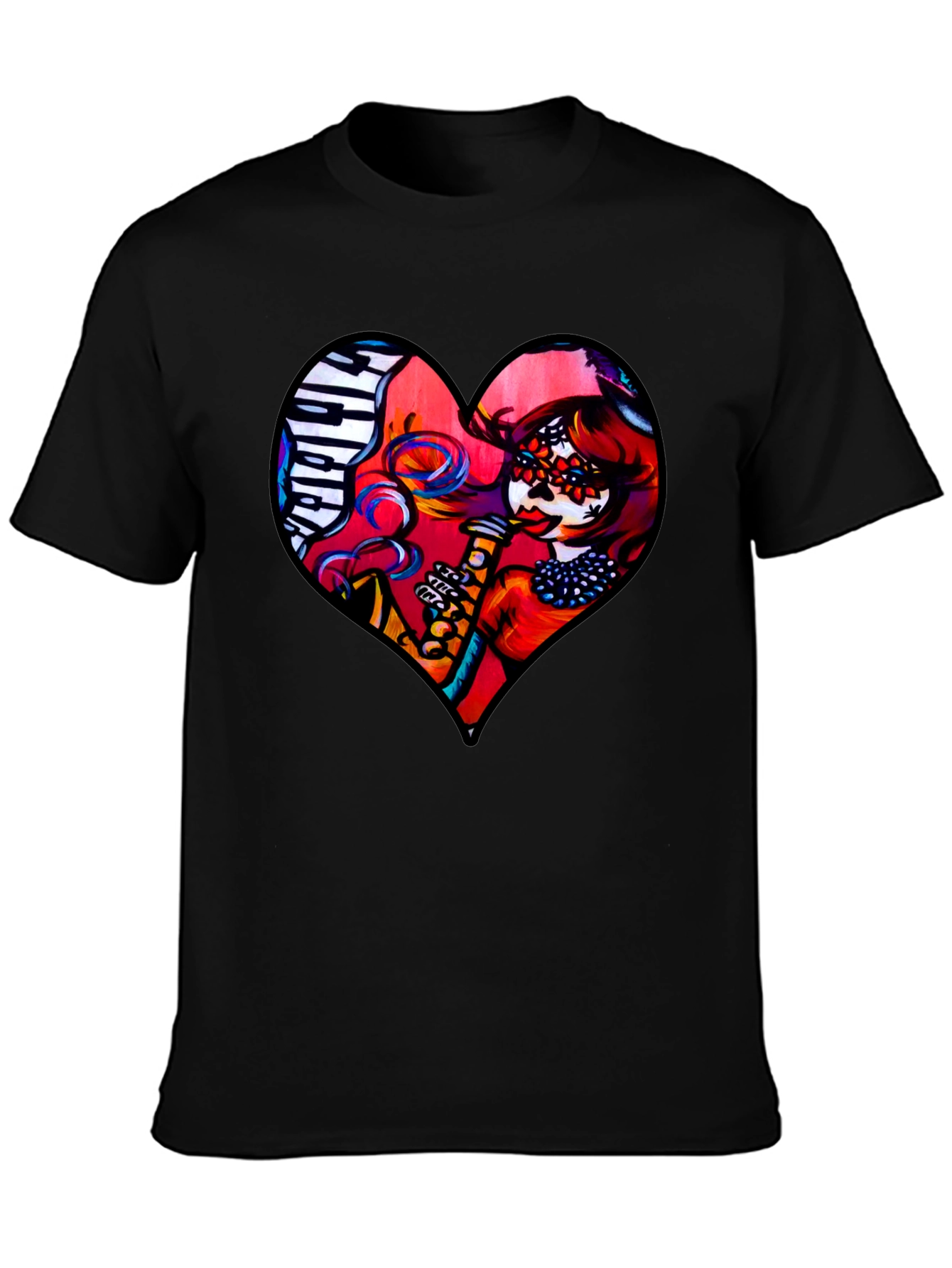 Black Heart Shaped Dia de Los Muertos T-Shirt view 3