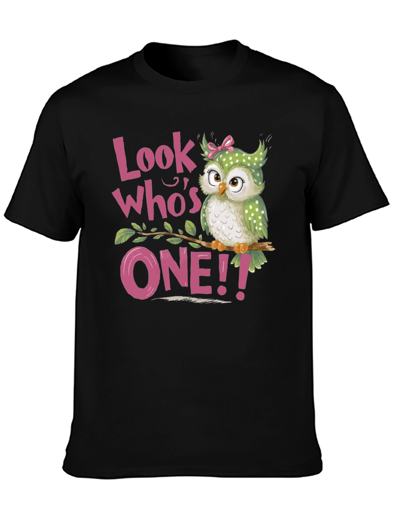 Black Look Who's One! Baby's 1st Birthday Owl T-Shirt view 3