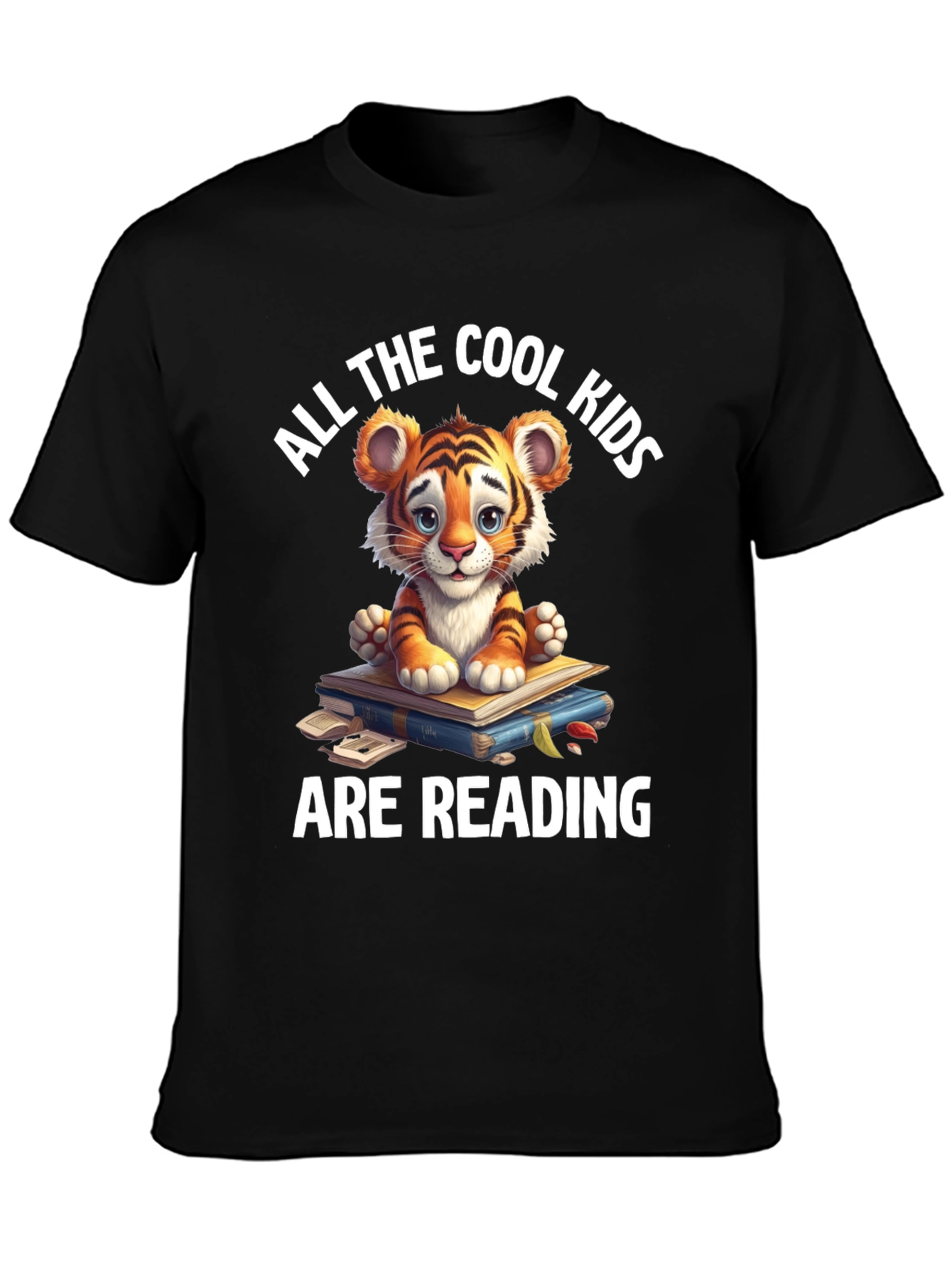 Black Cute Tiger Cub Reading T-Shirt view 3
