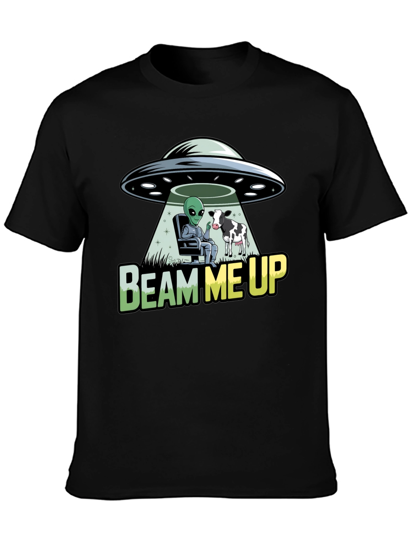 Black Beam Me Up Alien and Cow Graphic T-Shirt view 3