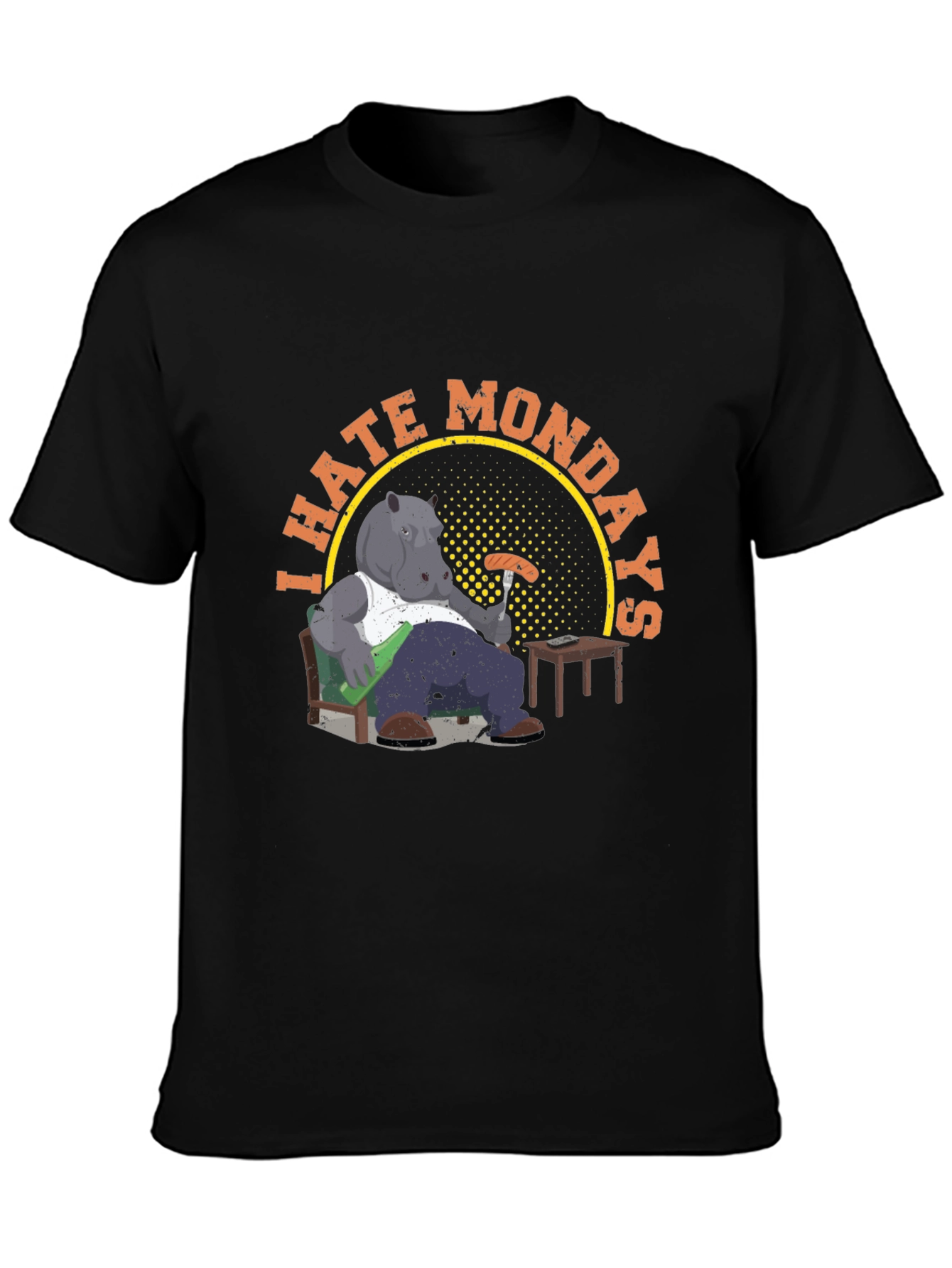 Black I Hate Mondays Graphic T-Shirt - Funny Cartoon Hippo Tee view 3