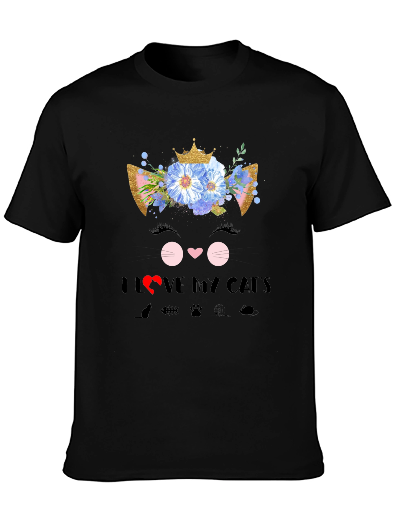 Black I Love My Cat T-Shirt - Floral Cat Design view 3