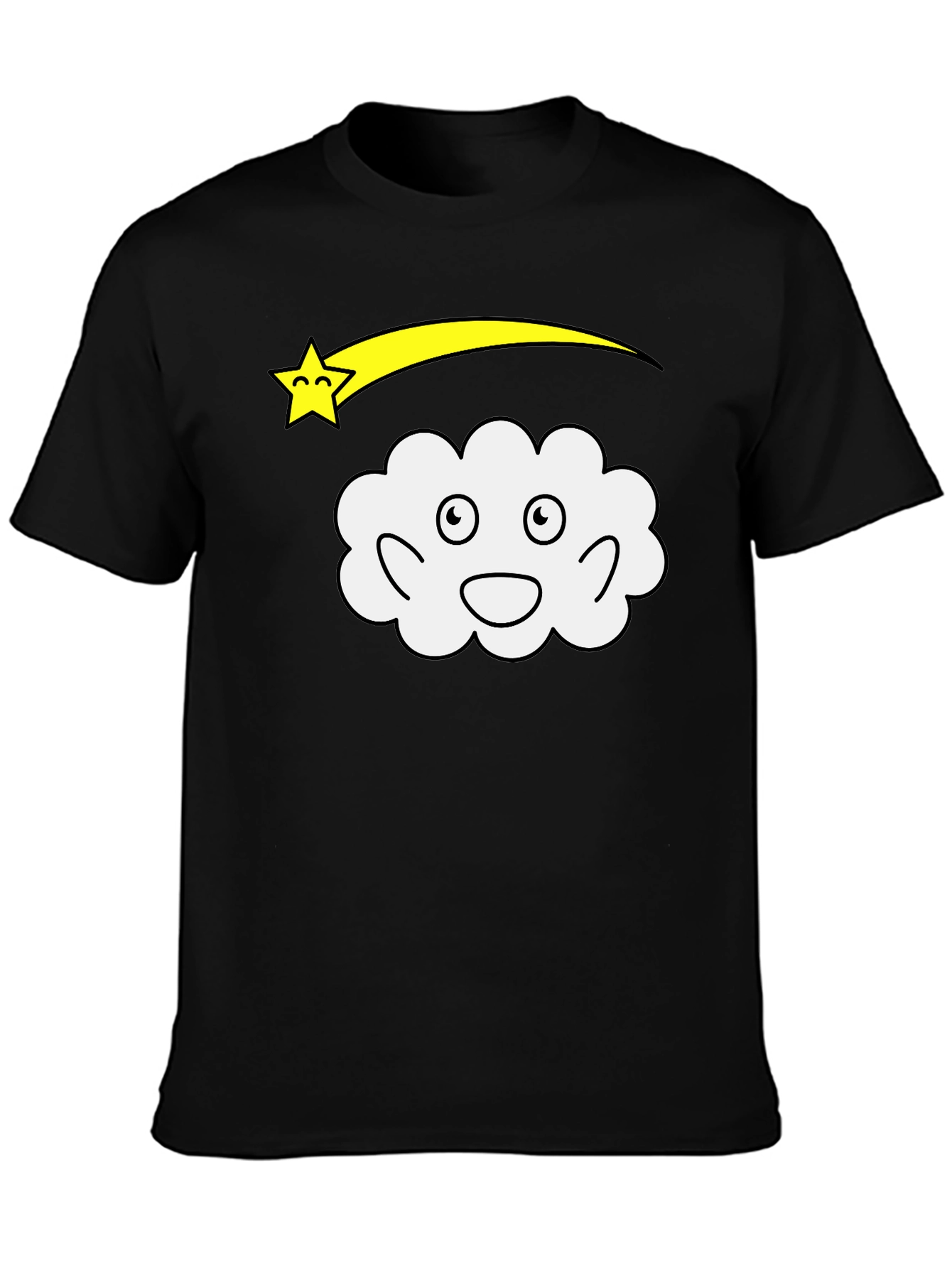 Black Cartoon Cloud & Star Black T-Shirt view 3