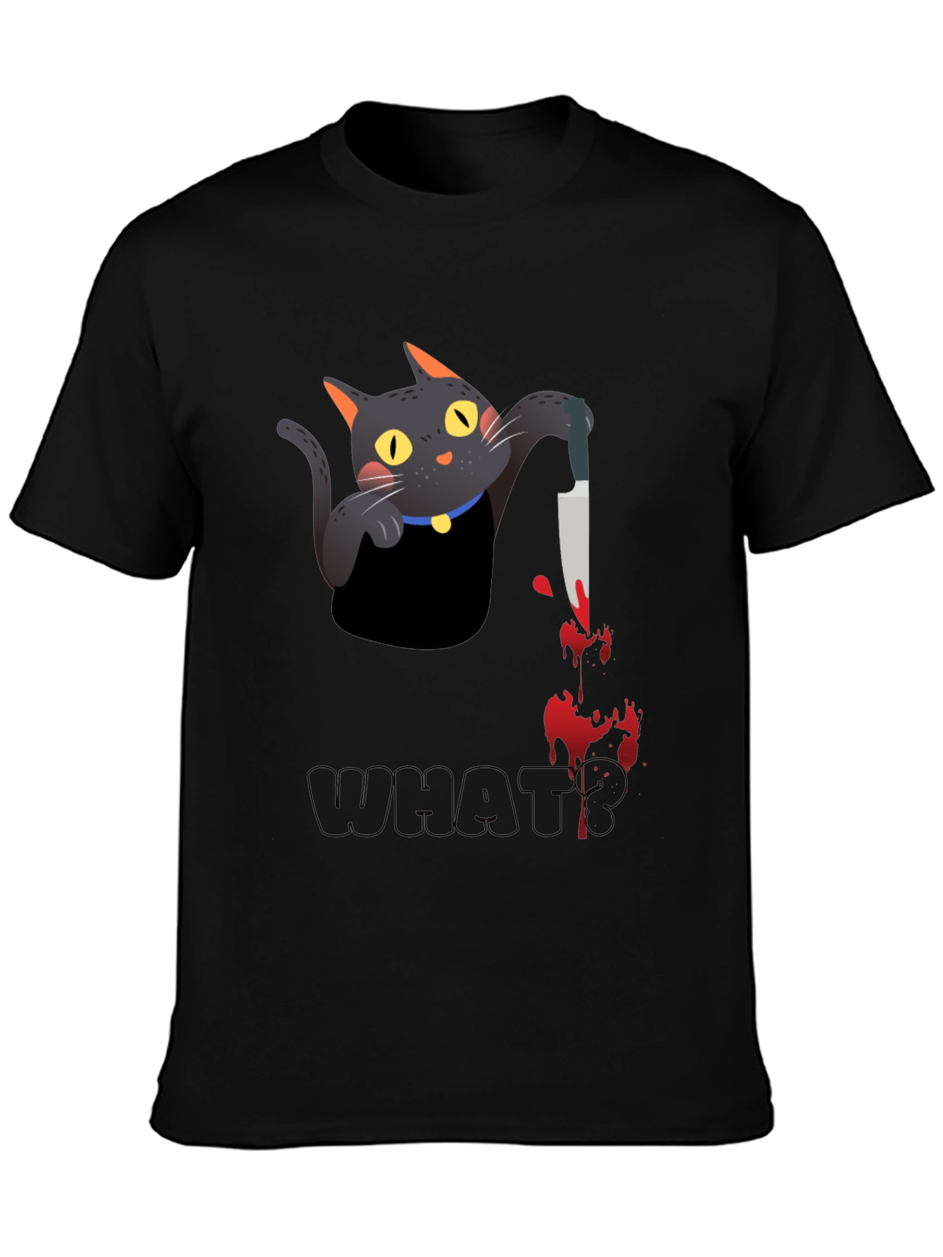 Black Cat With Knife Black T-Shirt - What? view 3