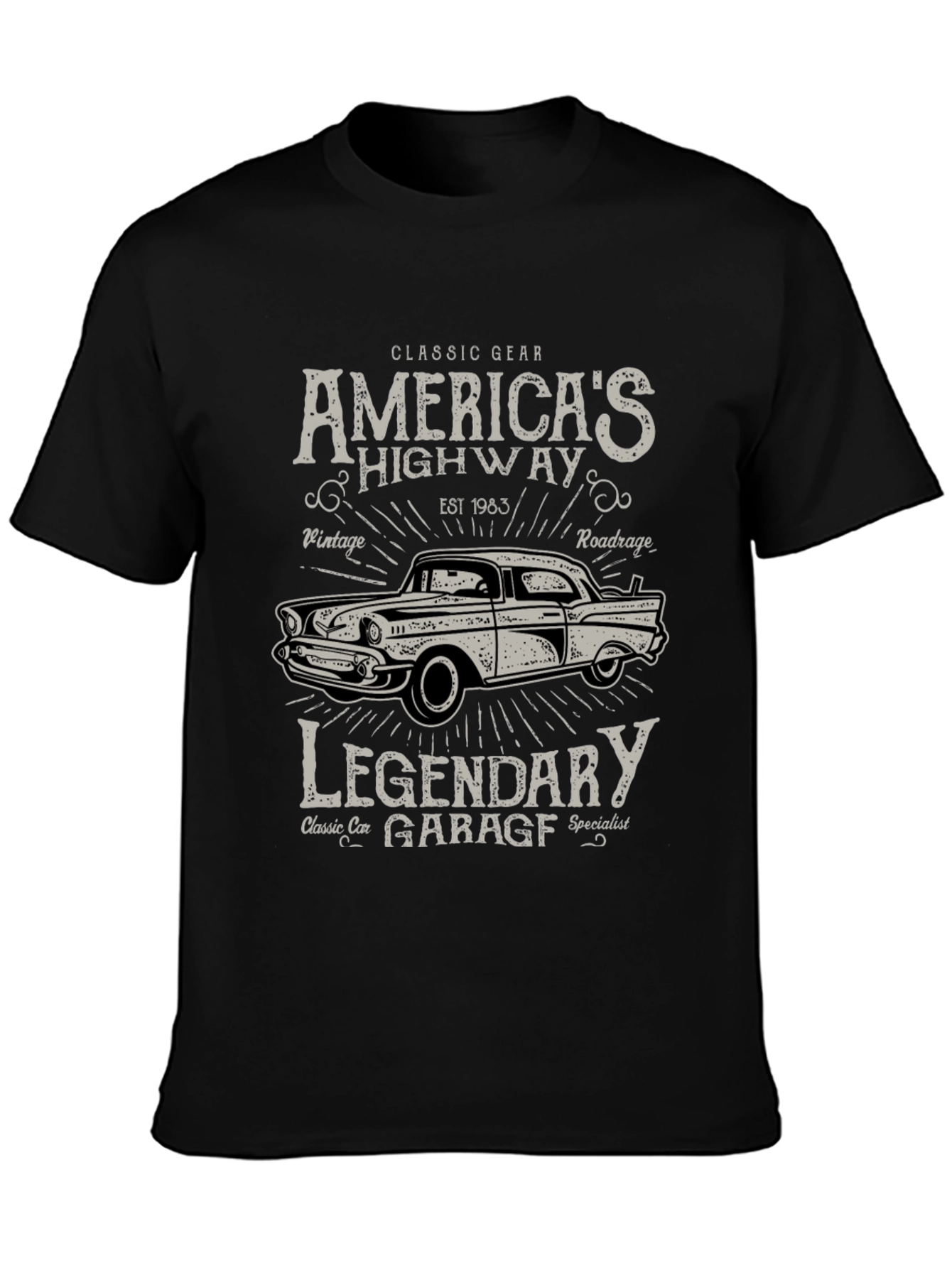 Black Classic Car Garage Tee - America's Highway T-Shirt view 3