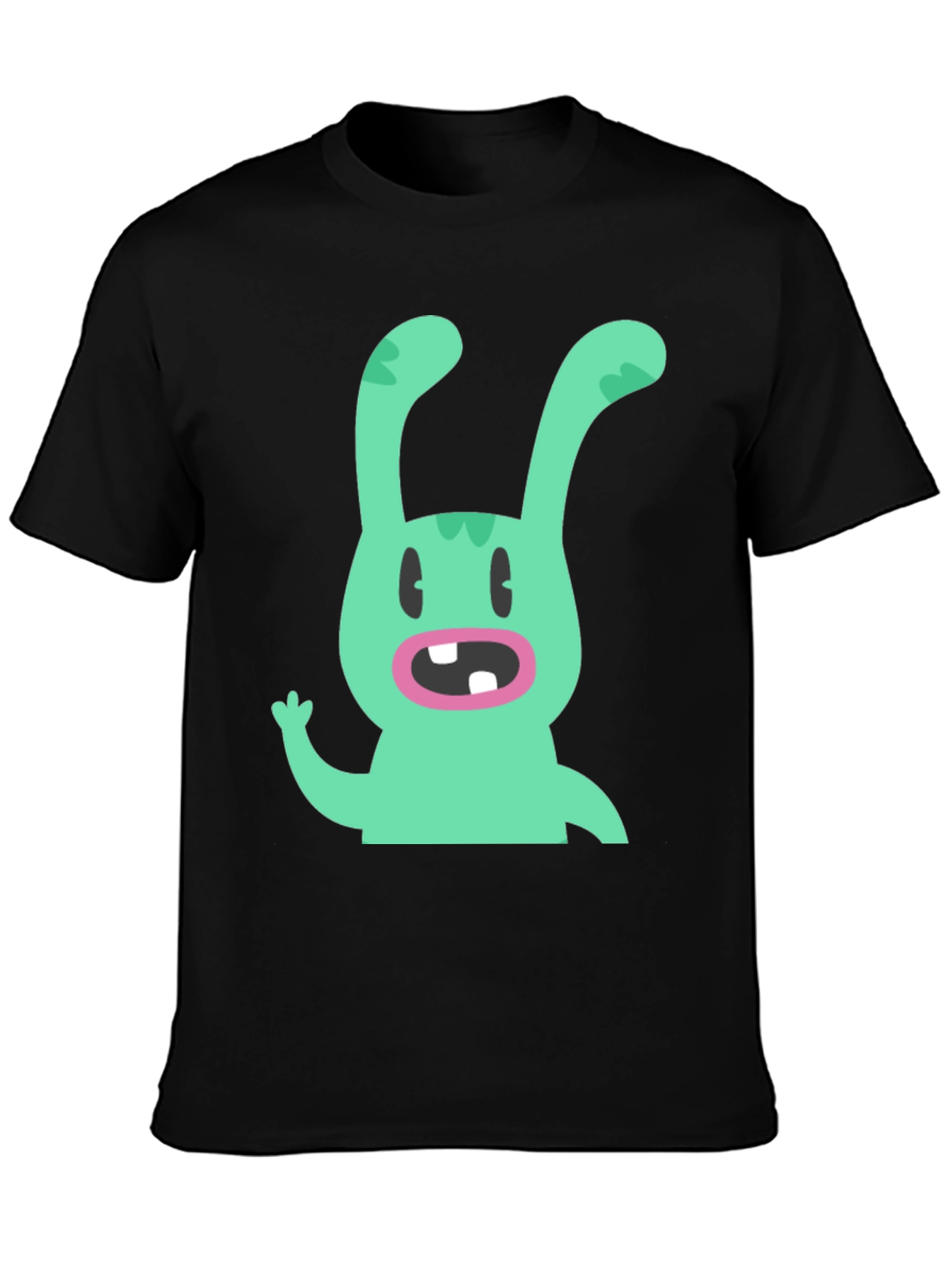Black Cartoon Rabbit Graphic Tee - Black Cotton T-Shirt view 3