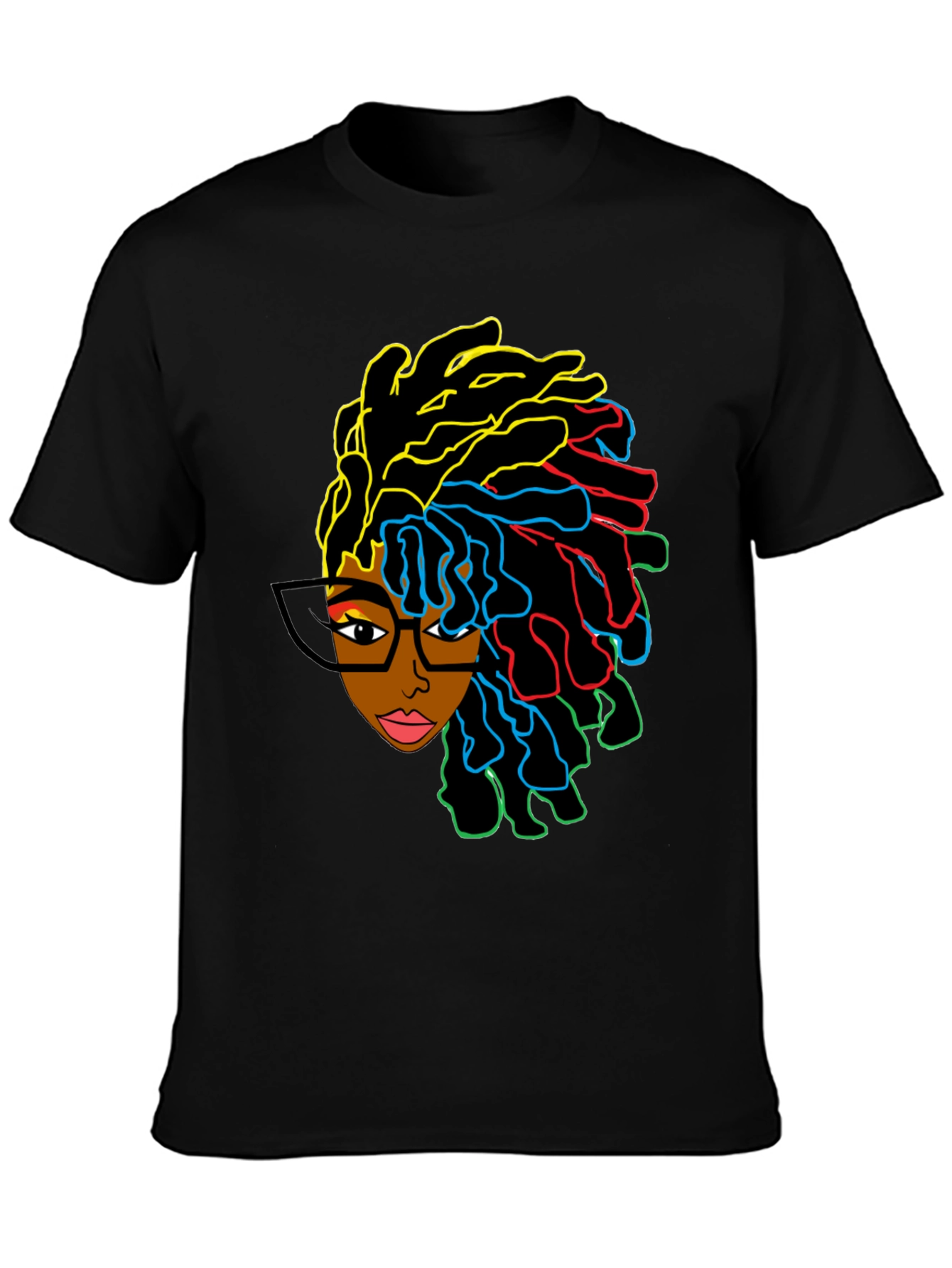 Black Stylish Graphic Tee - Afro Woman with Colorful Dreadlocks view 3