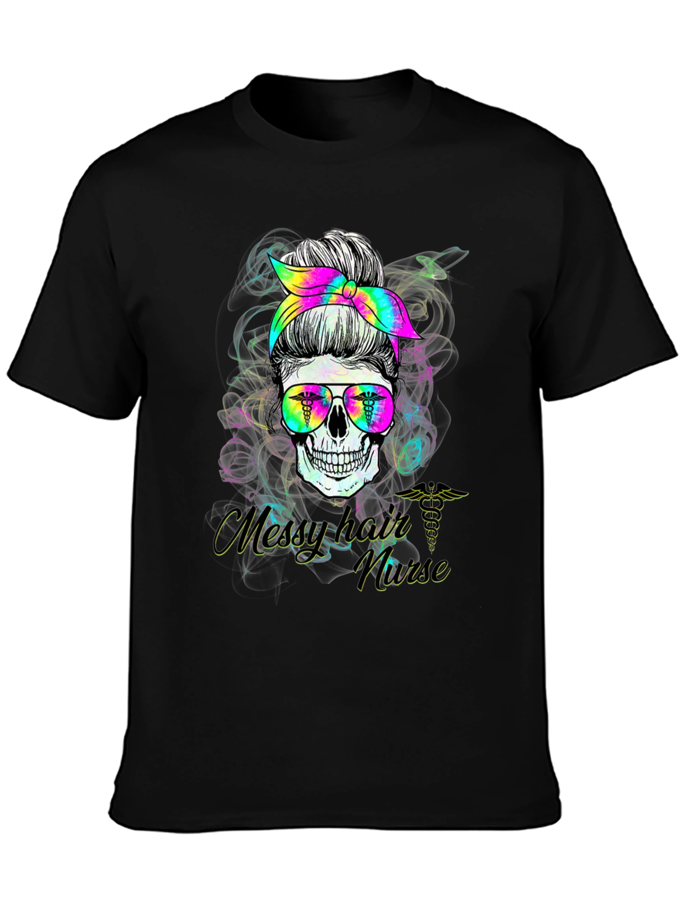 Black Messy Hair Nurse Skull T-Shirt view 3