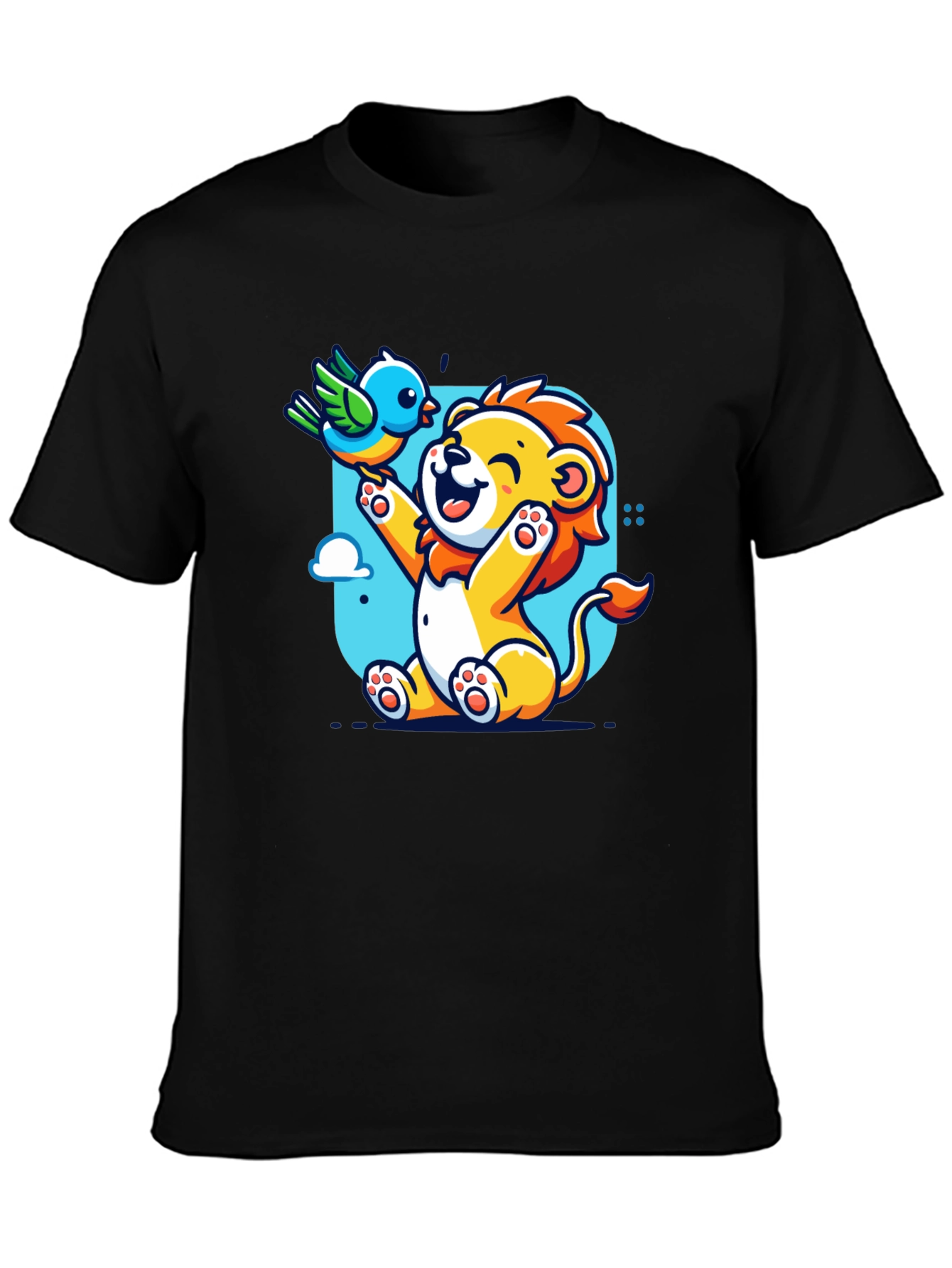 Black Cartoon Lion & Bird Graphic T-Shirt view 3