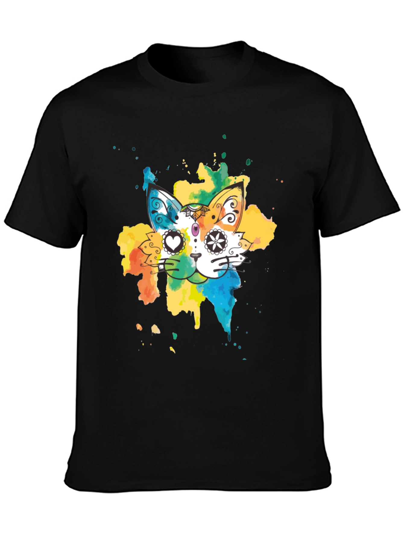 Black Colorful Cat T-Shirt - Whimsical Design Tee view 3