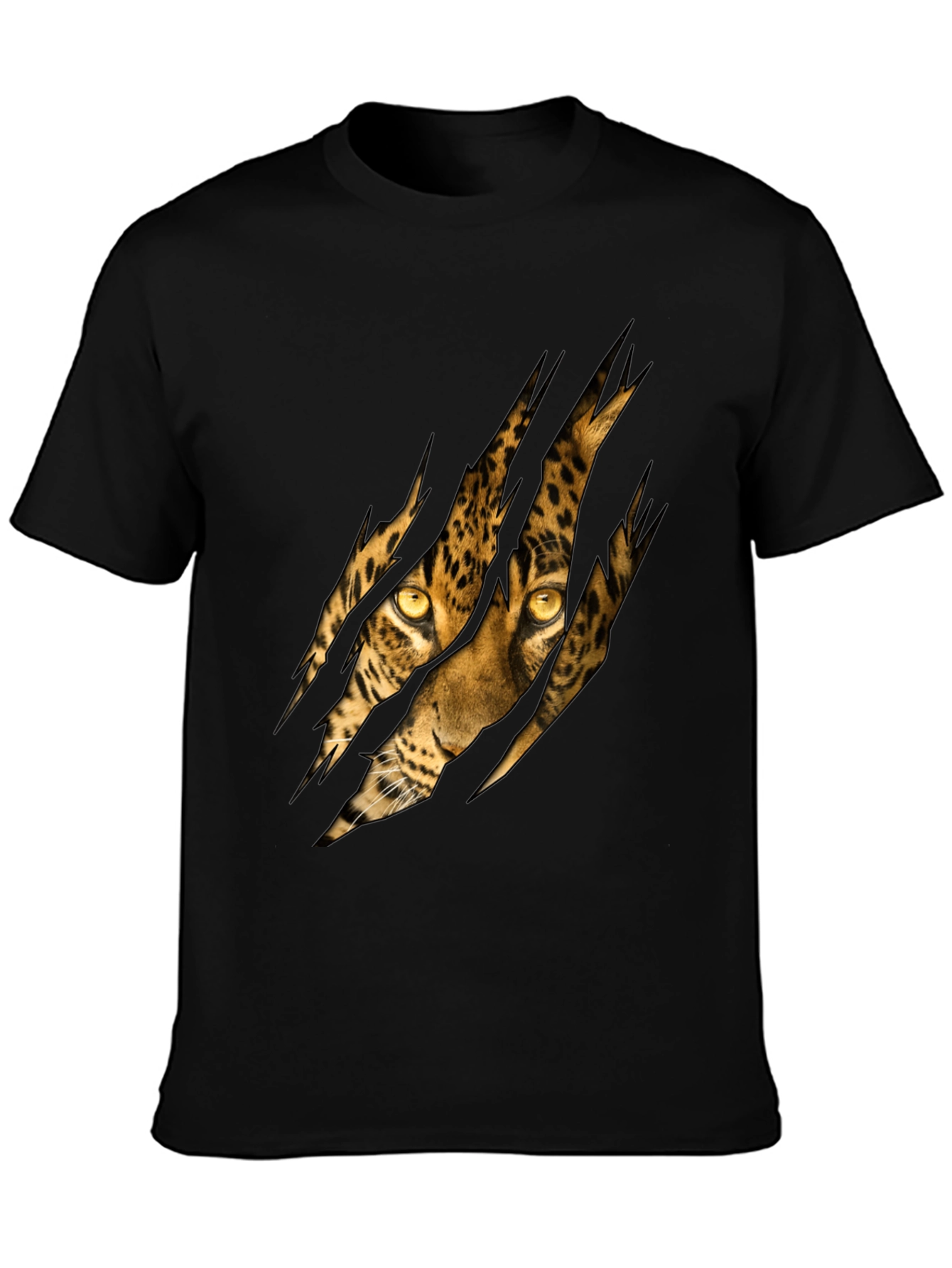 Black Men's Black T-Shirt with Ripped Leopard Design view 3